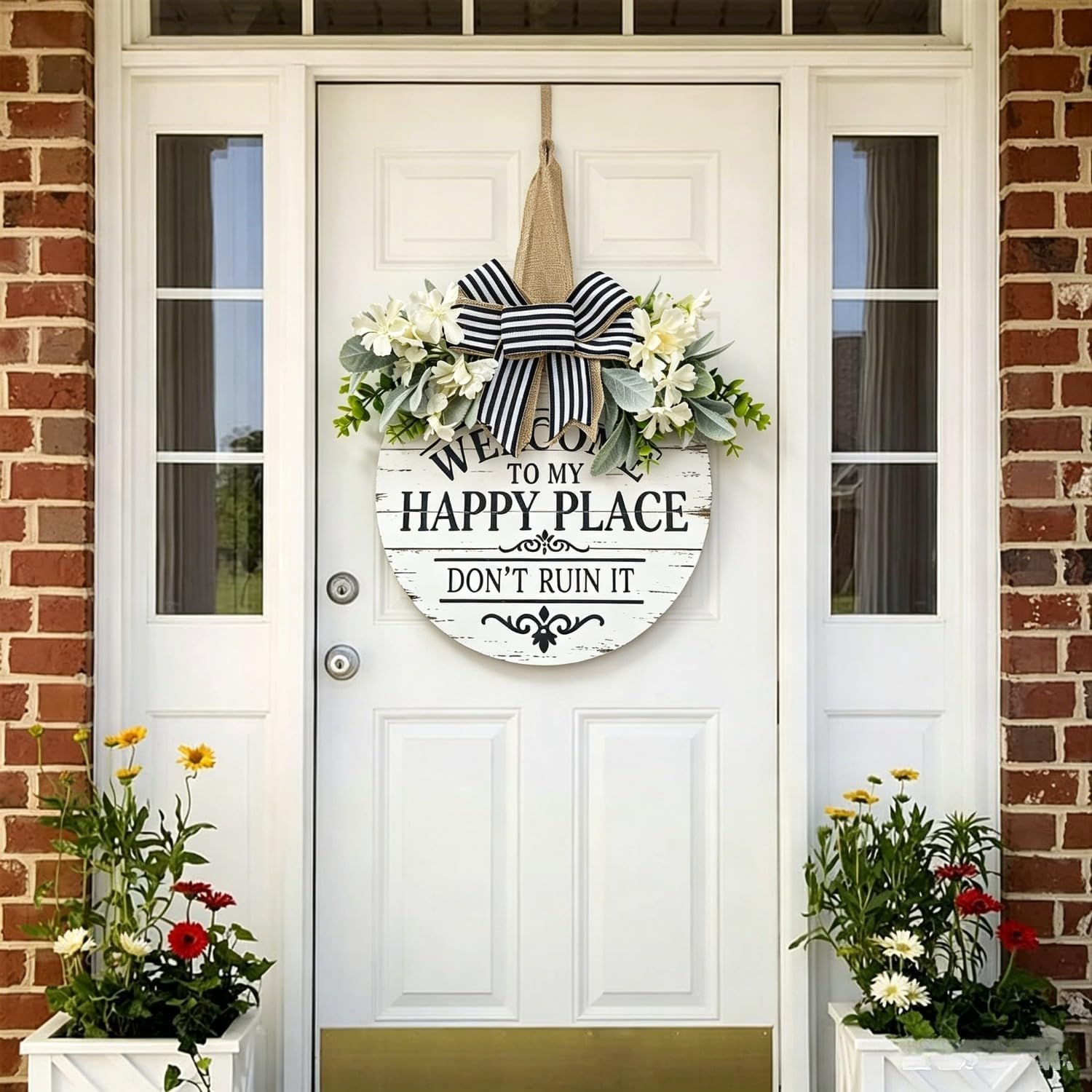 12 Inch Round Wooden Welcome Sign, Farmhouse Front Door Hanging Wreath Decor with Linen Bow & Artificial Greenery, Rustic Wall Plaque for Porch Entryway, Indoor Outdoor Housewarming Home Gifts