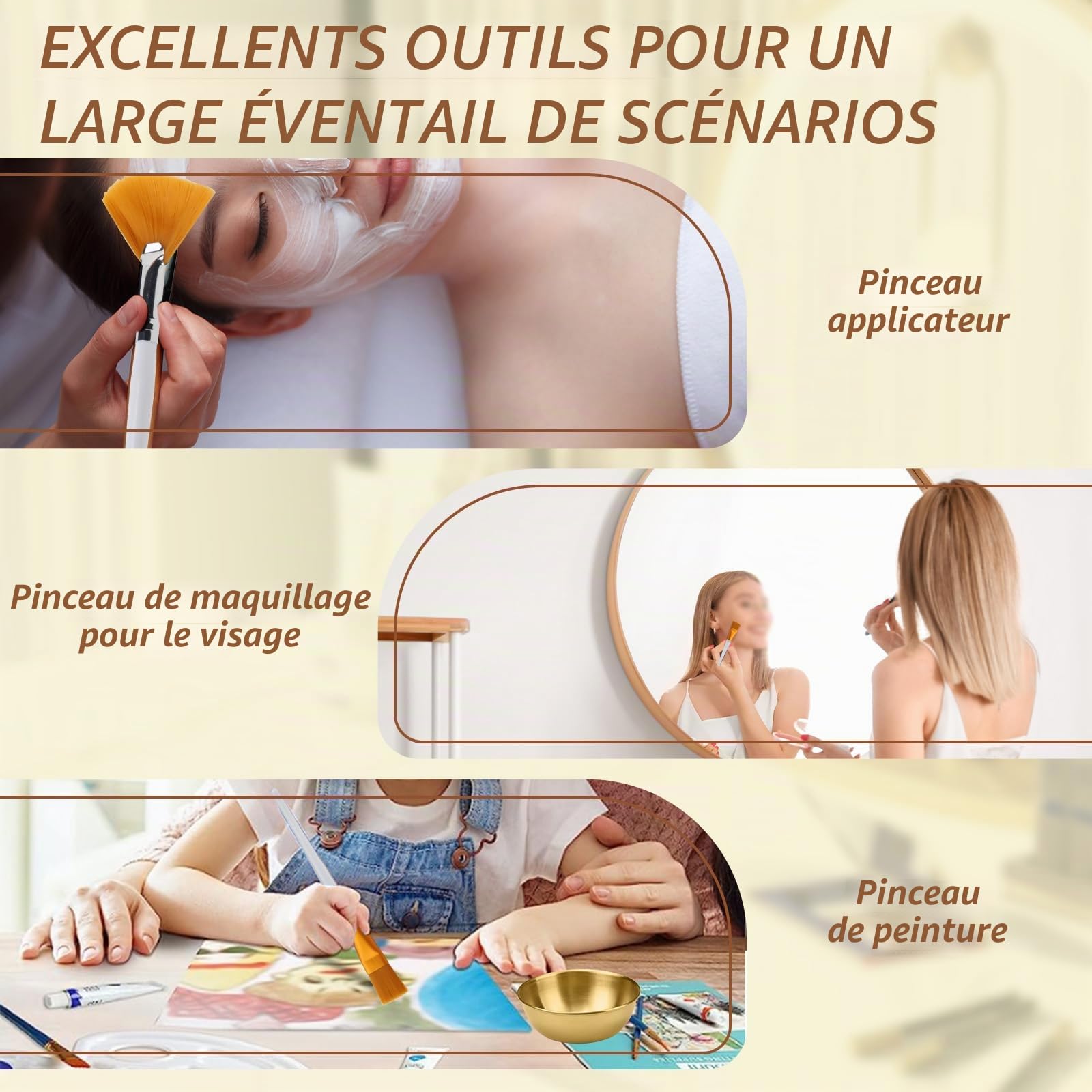 Lot de 18 bols et brosses en acier inoxydable, 12 pinceaux plats et éventails pour soins de la peau pour le visage avec 6 bols mélangeurs, outil applicateur cosmétique pour le visage, fournitures