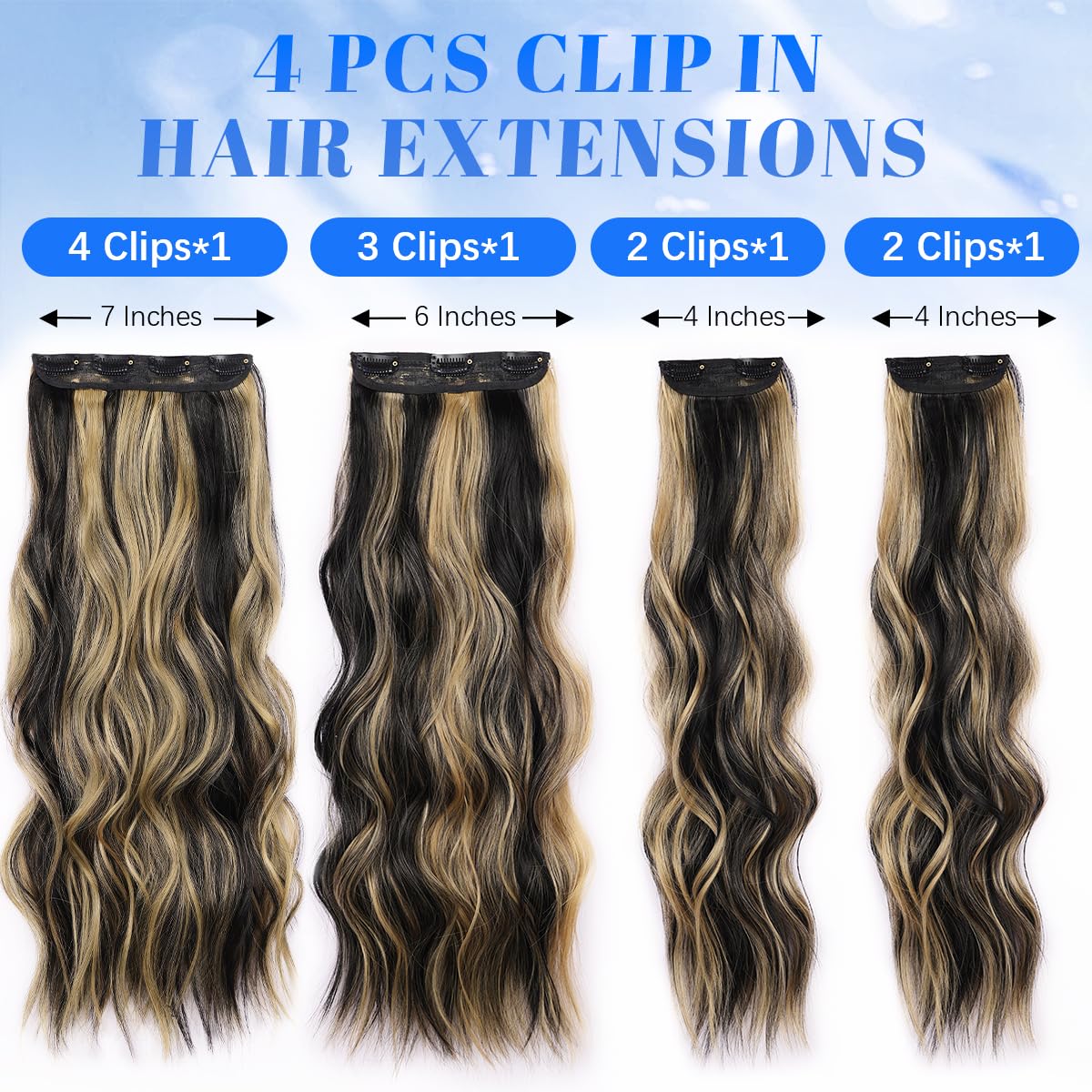 JIAMEISI Clip in Hair Extensions 4PCS Full Head Long Wavy Hair Extensions Synthetic Fiber 22 Inch 200g Clip in Thick Hairpieces for Women/Girls (#1B/27 Natural Black Mixed Honey Blonde) - Image 2