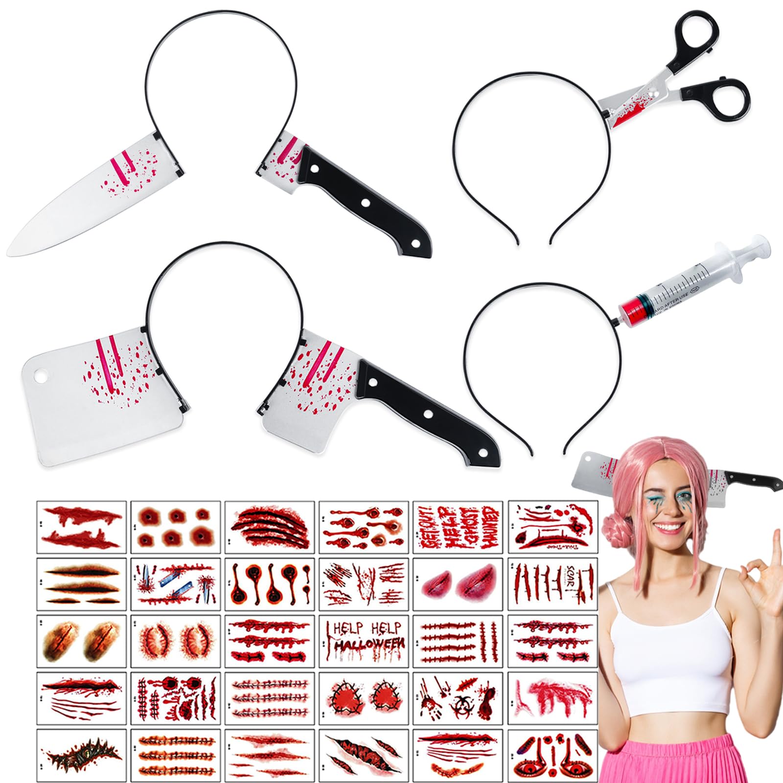 ROSAUI Knife Headband, Scary Halloween Costume Accessories - Halloween Horror Headband Zombie Makeup Prop – 30PCS Scar Wound Tattoo Stickers + 4PCS Knife Through Head Decorations