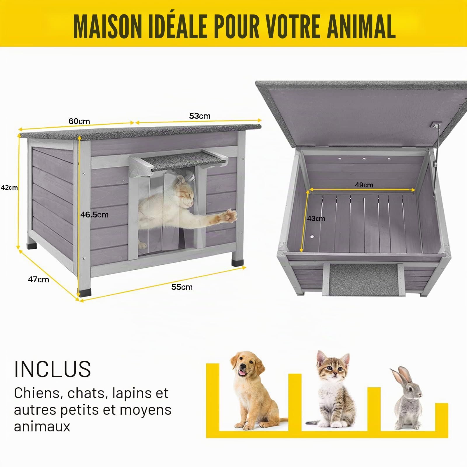 Niche pour chien et chat pour l'extérieur et l'intérieur avec toit imperméable, également adaptée à d'autres petits animaux