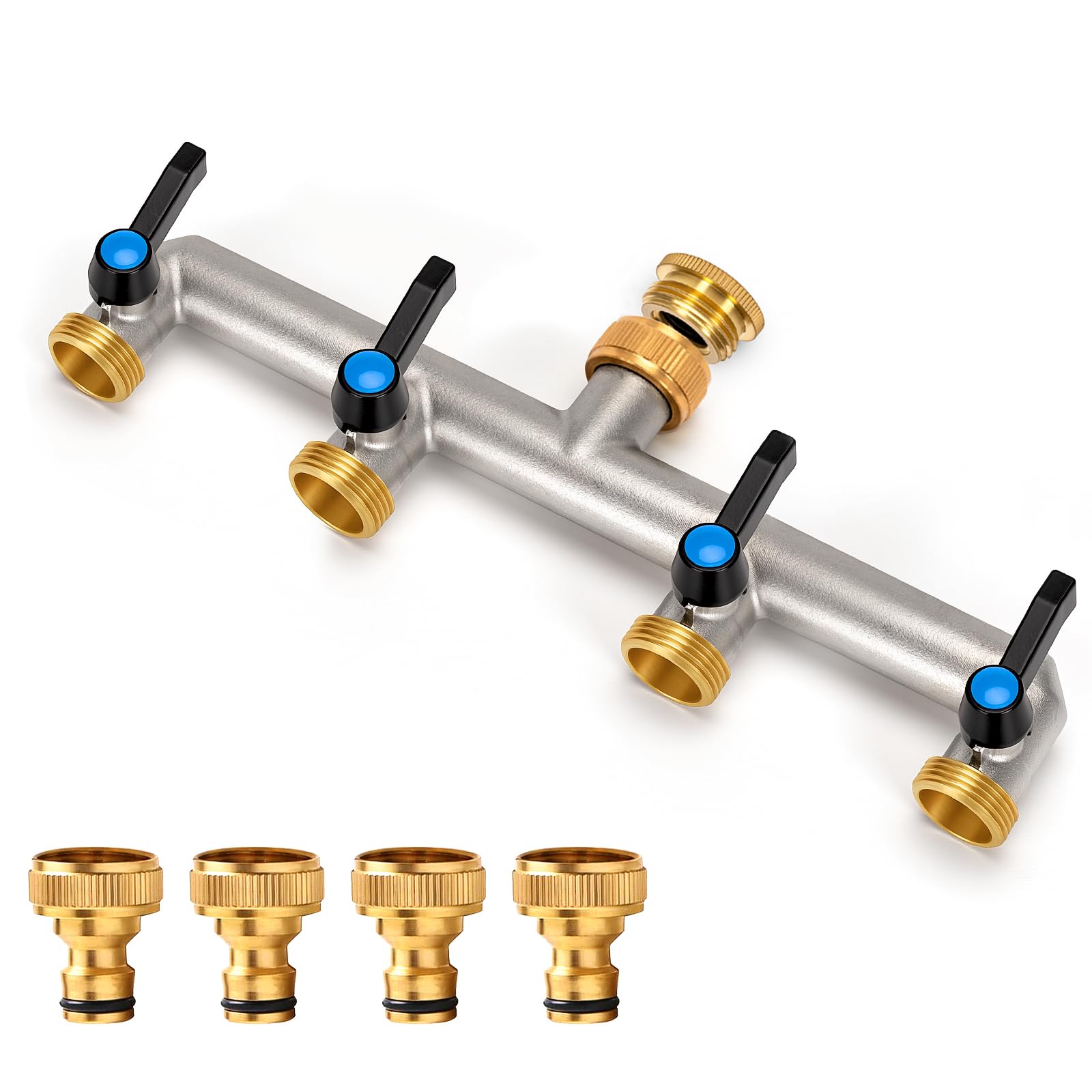 wasserverteiler 4 wege, Messing Wasseranschluss verteiler, Verlängerter Griff 3/4 Zoll Adapter mit 4 Stück 3/4 Zoll auf 1/2 Zoll Hahnanschluss für Haus, Hof/Waschmaschine