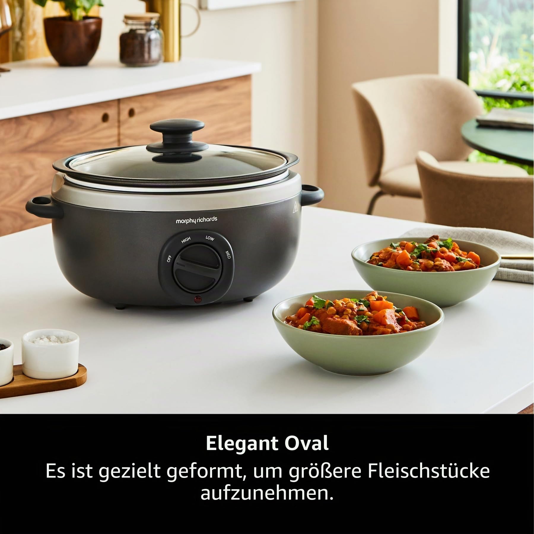 Morphy Richards Sear & Stew 460022 Ovaler Schongarer, spülmaschinenfest, antihaftbeschichteter Aluminiumtopf, Cool-Touch-Griffe, Glasdeckel, mattes Finish, 163 W, Titan