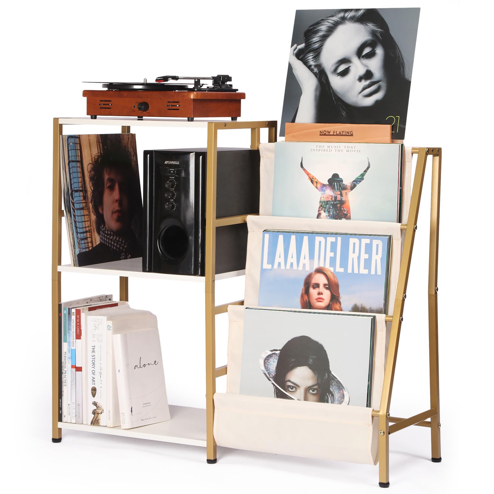 HYCFYJR Stand for Record Player, 3 Tier Vinyl Record Storage with Now Playing Holder, Turntable Stand, Vinyl Display with Speaker Storage for Living Room, Gold White — image 1