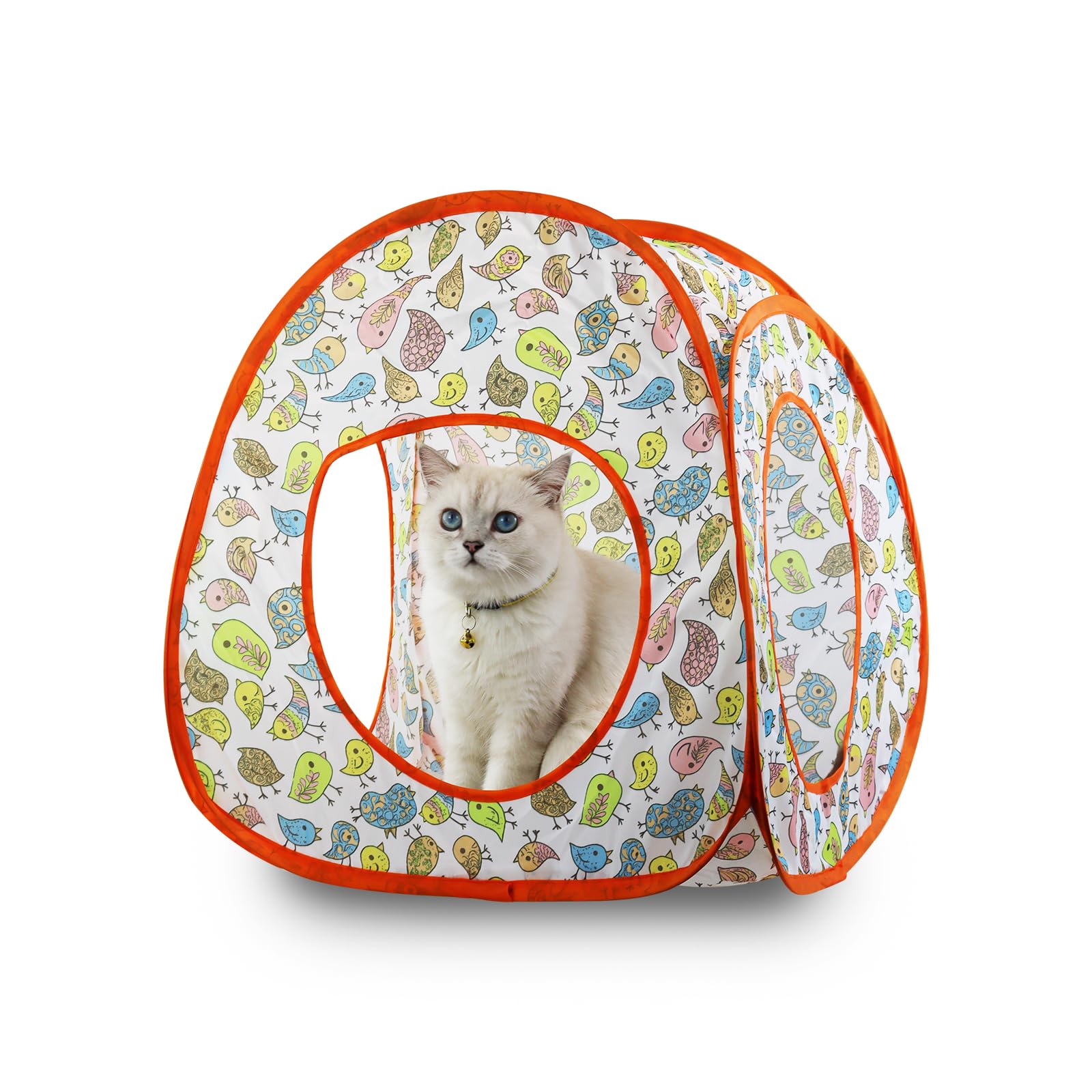 Andiker Cat Pop Up Tent, 3 Holes Safe and Strong Cute Cat Tunnel Collapsible Easy to Carry Cat House for Indoor Cats Kittens Hiding Playing Training (Bird Tent)