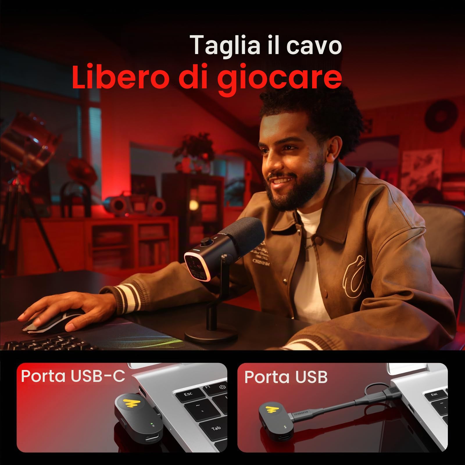 MAONO Kit microfono dinamico wireless per PC, cancellazione del rumore one-tap, microfono con boom USB-C con RGB, disattivazione, controllo amplificazione, PD100WS nero