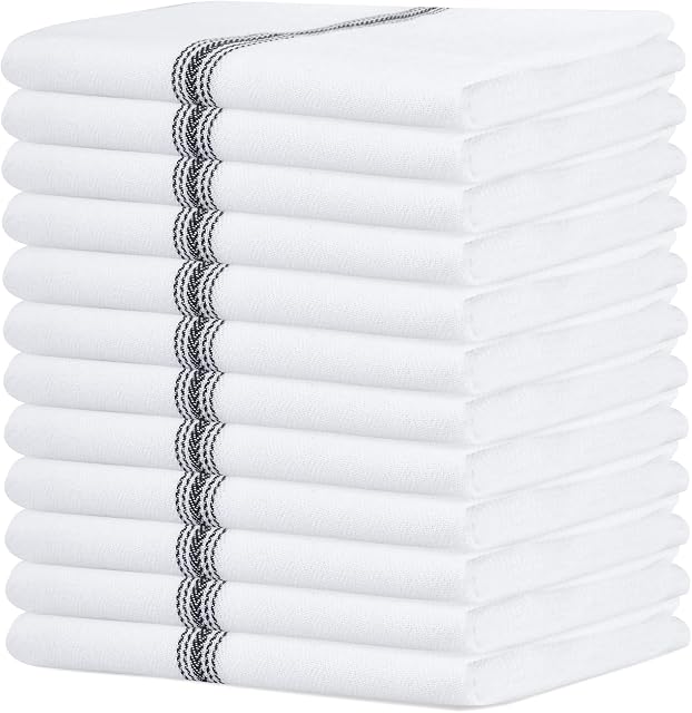 12 Pack - Sweet Needle Herringbone Kitchen Tea Towels Dish Cloth Set, Charcoal - 100% Cotton, Absorbent, Lint Free, Fade Resistant, Quick Dry, Hotel Grade with Hanging Loop - Machine wash -45x70 CM
