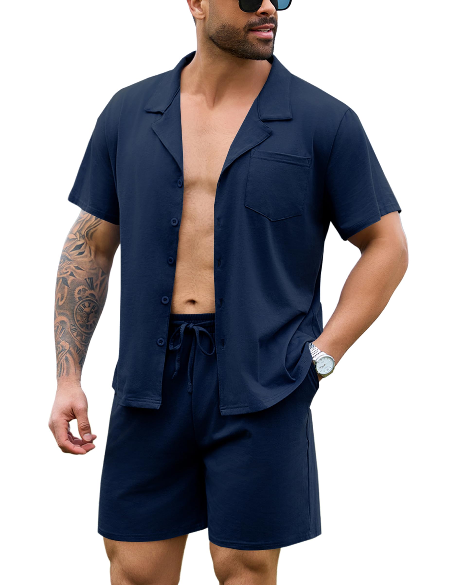 Irdcomps Pigiama Uomo Estivo Cotone Corto A Quadri Pigiami Due Pezzi da Uomo Pigiama da Notte Maniche Corte Manica Comodo Abbigliamento Casual da Casa Morbido e Confortevole