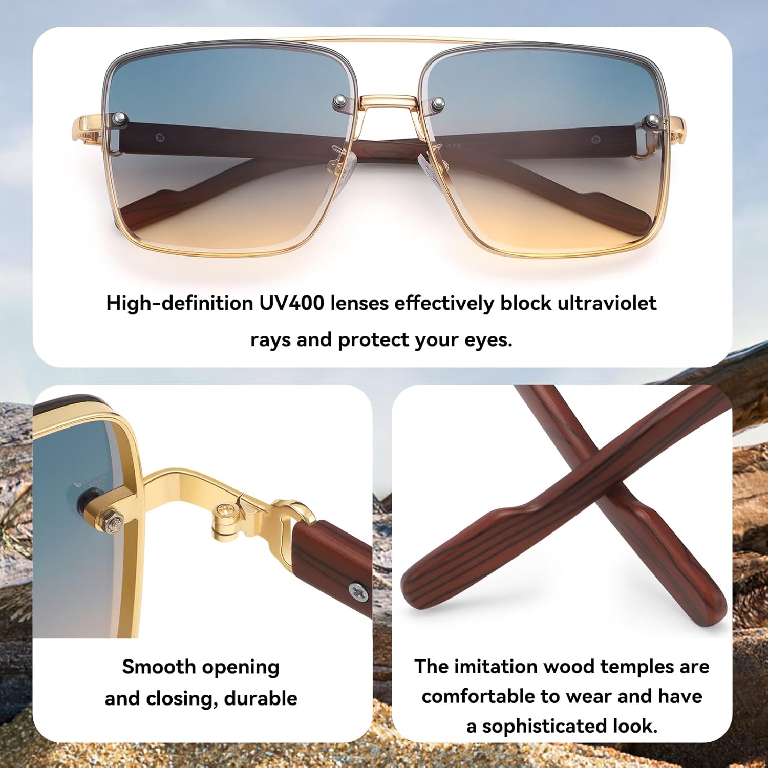 Dollger Overized Square Aviator Sunglasses for Men Women Fashion Imitation Wood Gradient Sunglasses - Image 4