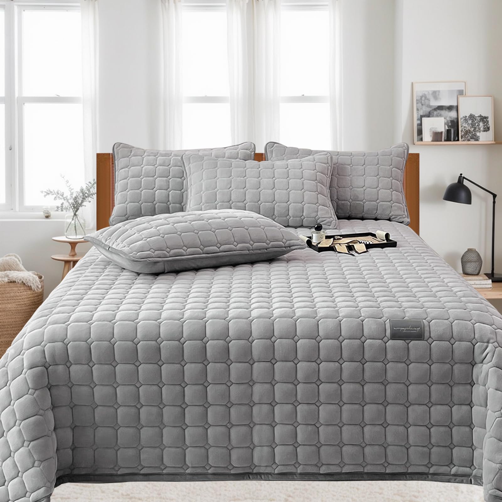 Extra Grande Edredón Cubrecama: Cubierta Versátil de Estilo Acolchado de Terciopelo de Leche 3 piezas 230 X 250 Cm con 2 Fundas de Almohada 50 X 70 Cm, para Dormitorio o Sala de Estar (Gris Claro)