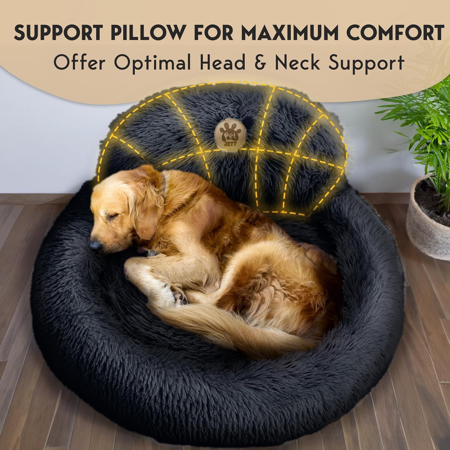 review PetJett Calming Dog Bed - Donut Dog Beds for Small, Medium, Large Dogs, Anti-Slip & Washable Round Dog Bed-Fluffy Plush Faux Fur Pet Bed, Anti-Anxiety Puppy Bed, 36'' Fits Upto 100 lbs Pets, Dark Grey