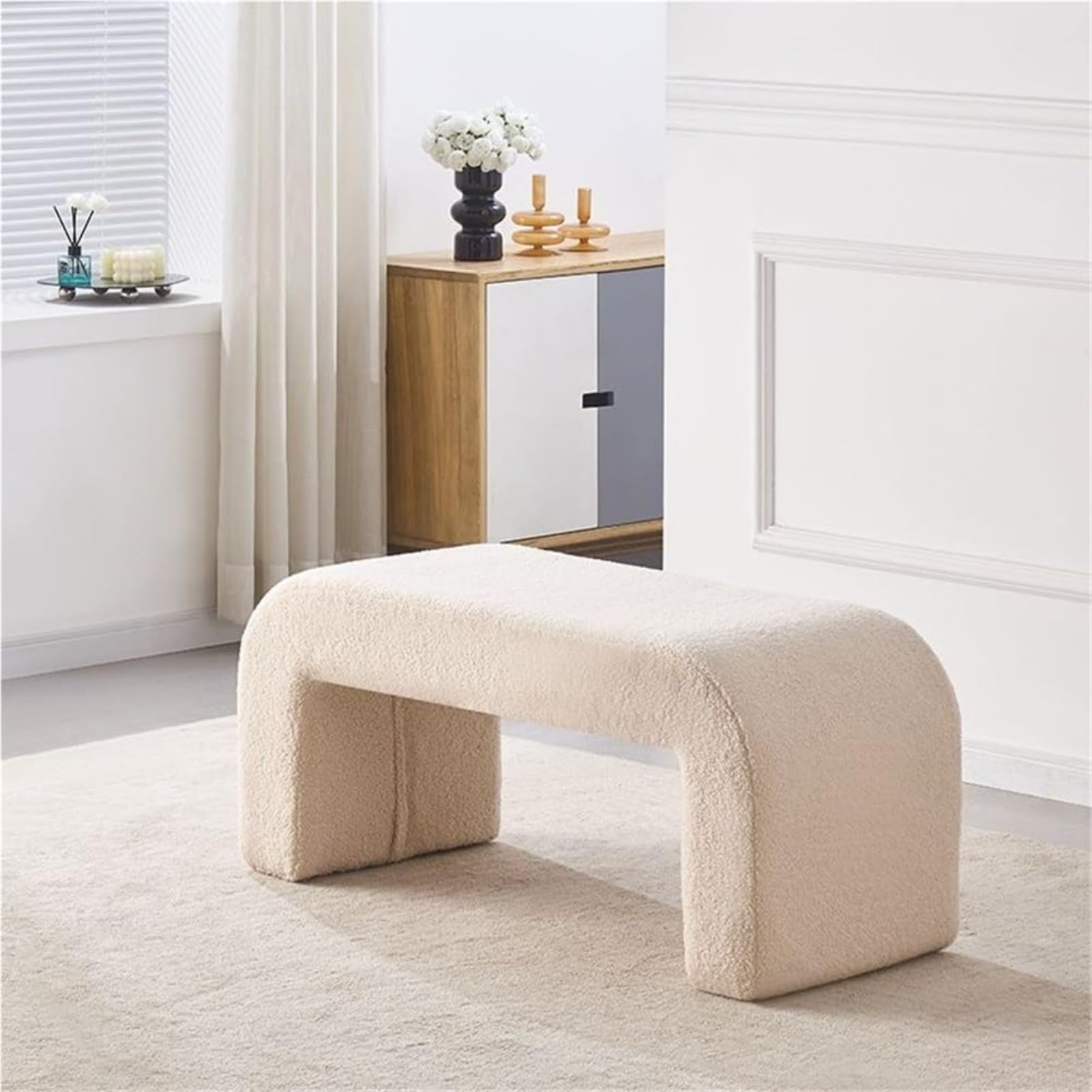 KLGFBDC Modern Minimalist Shoe Bench - Upholstered Faux Shearling Ottoman with Arched Footrest for Entryway Living Room & Makeup Room (60x40x43cm)