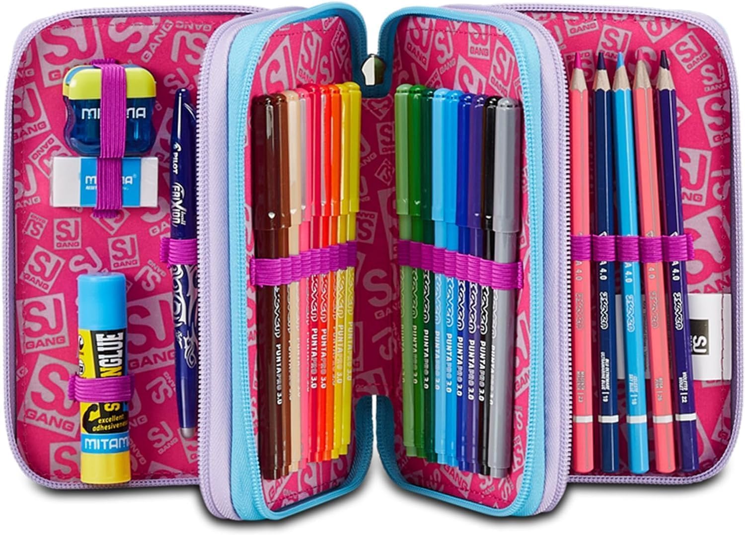 Schoolpack SJ Gang Rucksack Einhorn rosa rund mit Lichtern + Federmäppchen 3-fach komplett