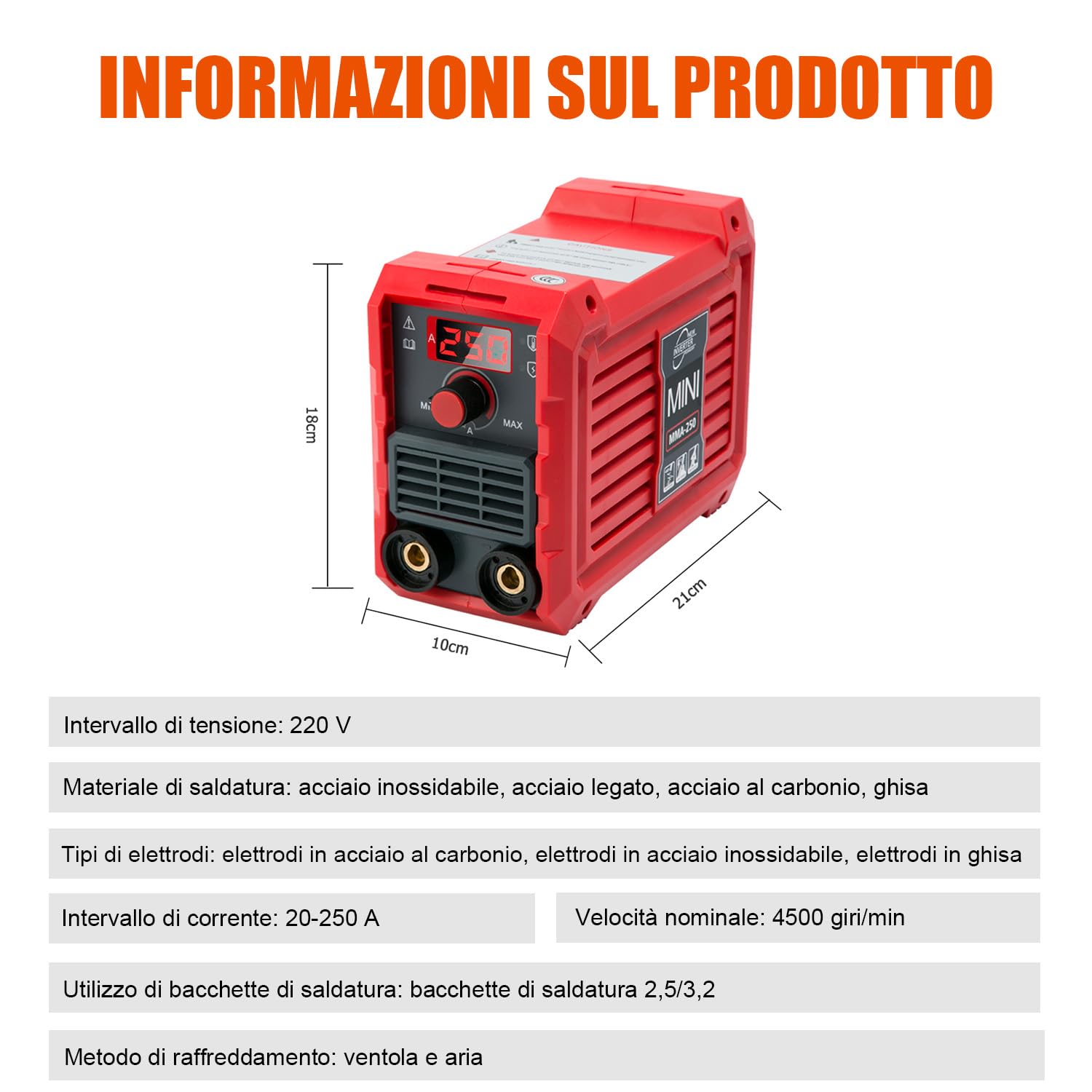 VOBOR Mini Saldatrice Inverter, 250A IGBT DC Saldatrice Elettrodo con Display LED, Antiaderente, Portatile Saldatura a Elettrodo, MMA 250