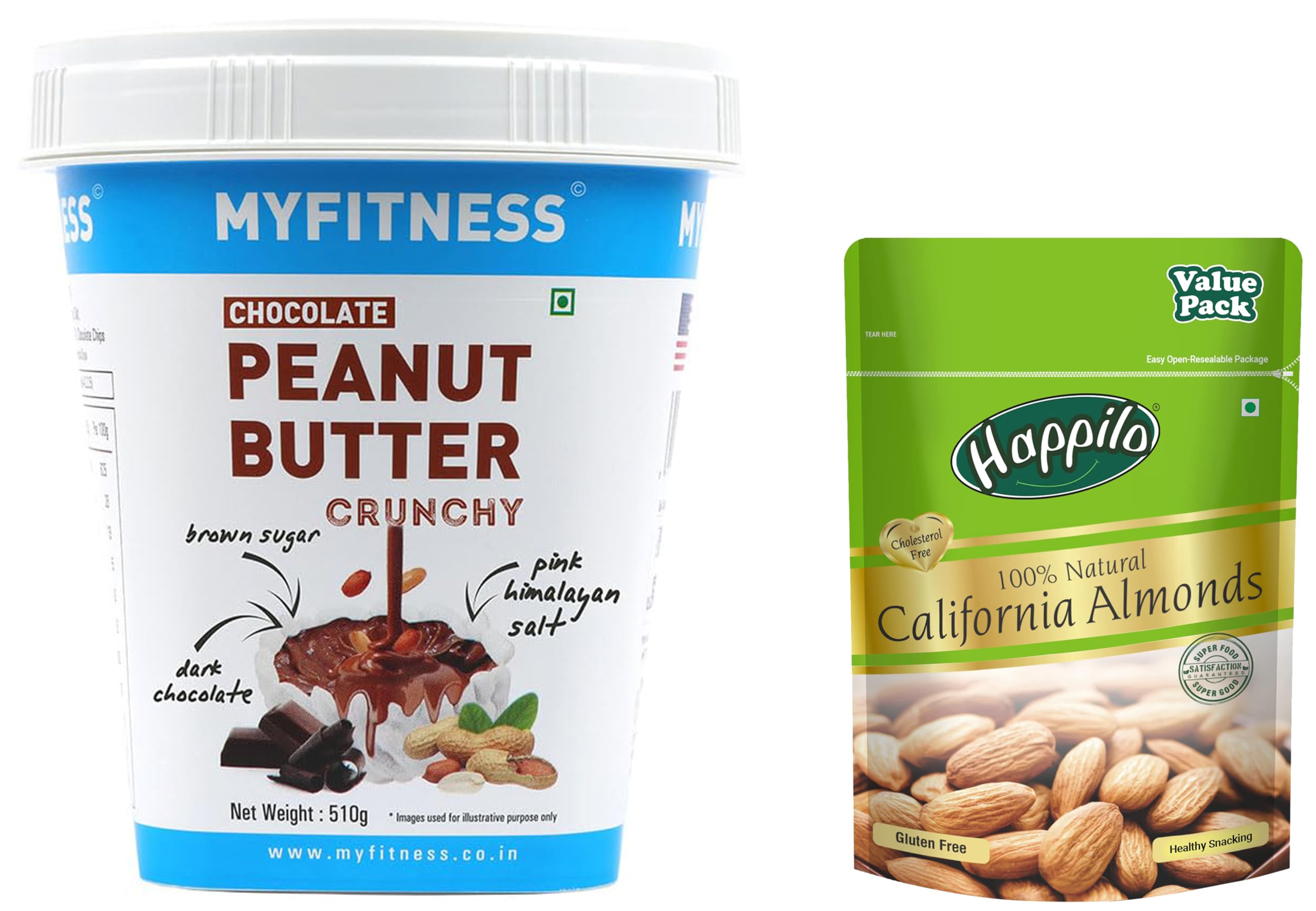 MYFITNESS Chocolate Peanut Butter Crunchy 510g | 23g Protei & Happilo 100% Natural Premium California Dried Almonds 500g Pack Pouch