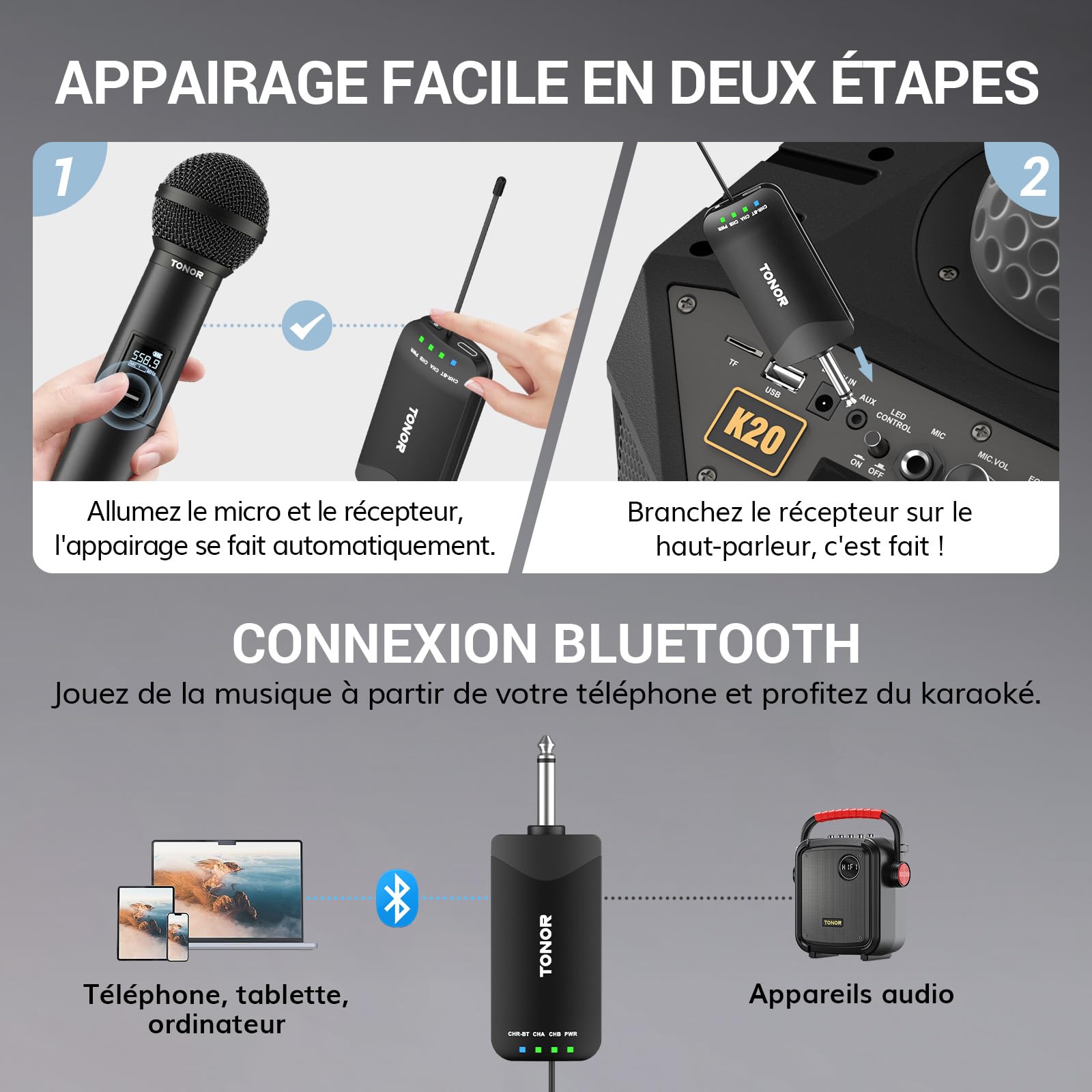 TONOR Micro sans Fil Professionnel, Système de Microphone Rechargeable Bluetooth, Micro Dynamique en Métal UHF 2x25 pour Karaoké, Eglise, Chant, Mariage, Réunion, Appairage Automatique, 100 M, TW720