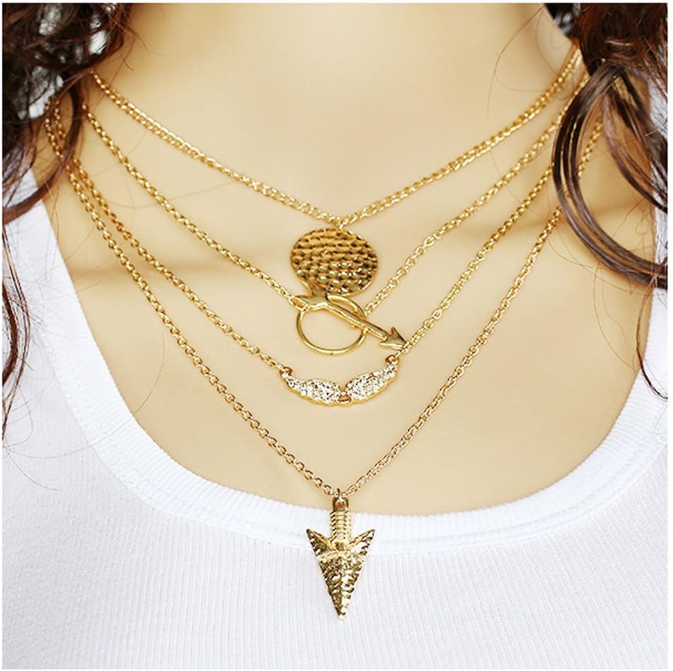 Women's Gold-plating Angel Wings Arrowhead Fish Plate Multi layer Pendant Necklace Jewelry