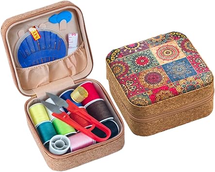 Sewing Box,Portable Travel Sewing Kit ,Vintage Soft Wood Print Sewing Kit,Mini Sewing Kits Storage Box,with 11 Color Thread, Scissors, Needles, Tape Measure and Other Accessories Sunflower