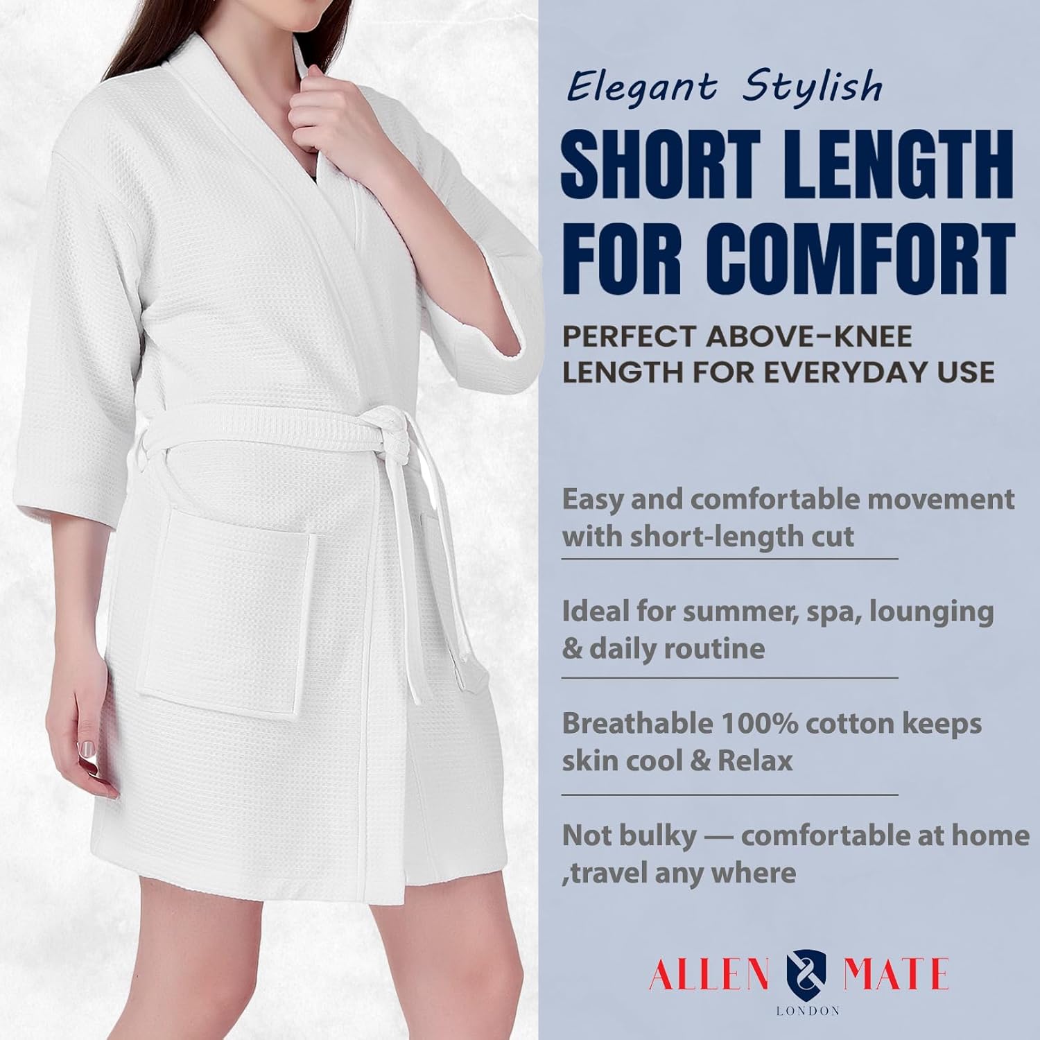 ALLEN & MATE 100% Cotton Women's Short Robe Dual Fabric Waffle Outside & Terry Towel Inside Kimono Bathrobe Medium Weight