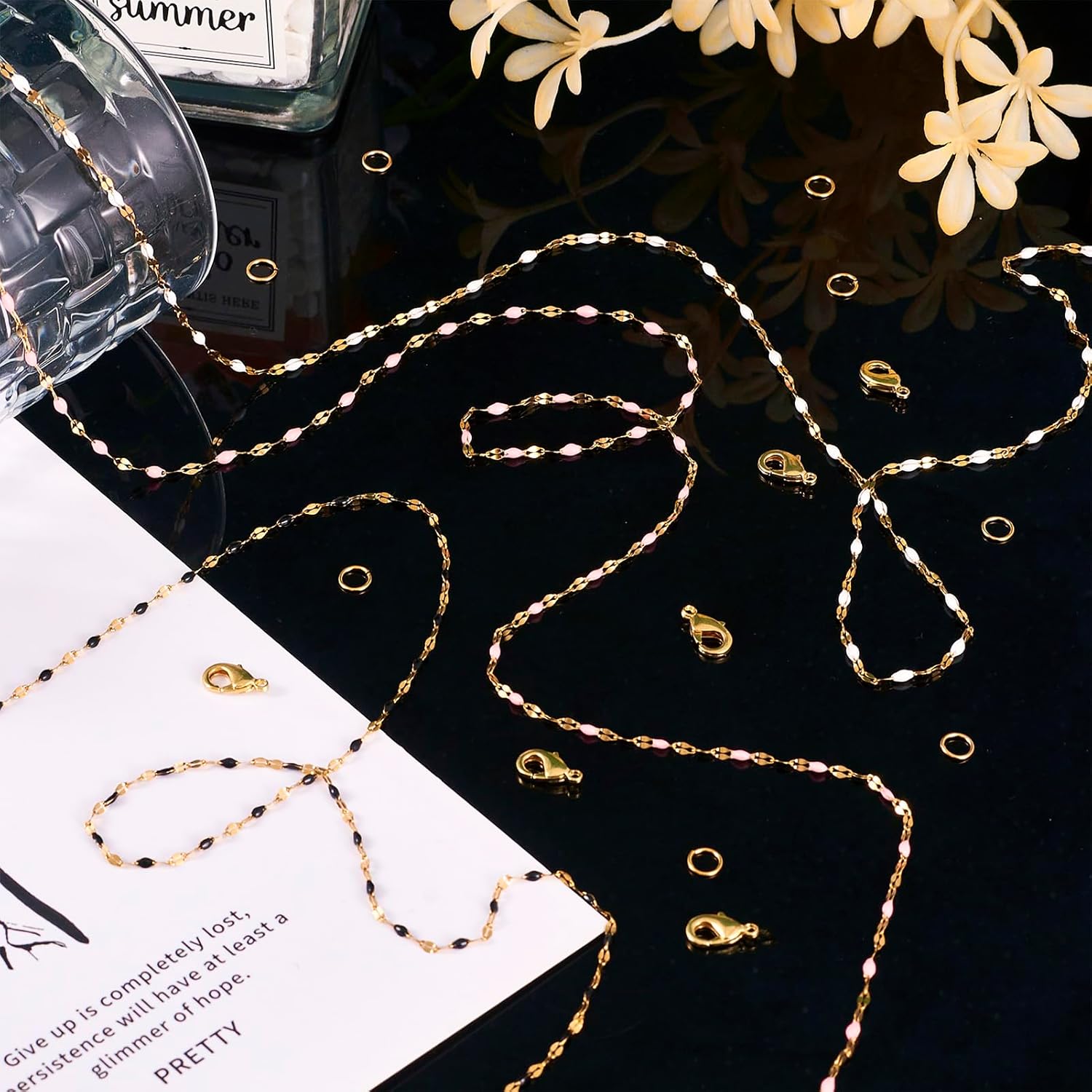 BB Beadthoven 9.84 Feet Mix Enamel Stainless Steel Dapped Chains, 2mm Colorful Oil Drip Chain Pink Black White Chain Link with Lobster Clasps Jump Rings for DIY Bracelet Necklaces Jewelry Making - Image 7