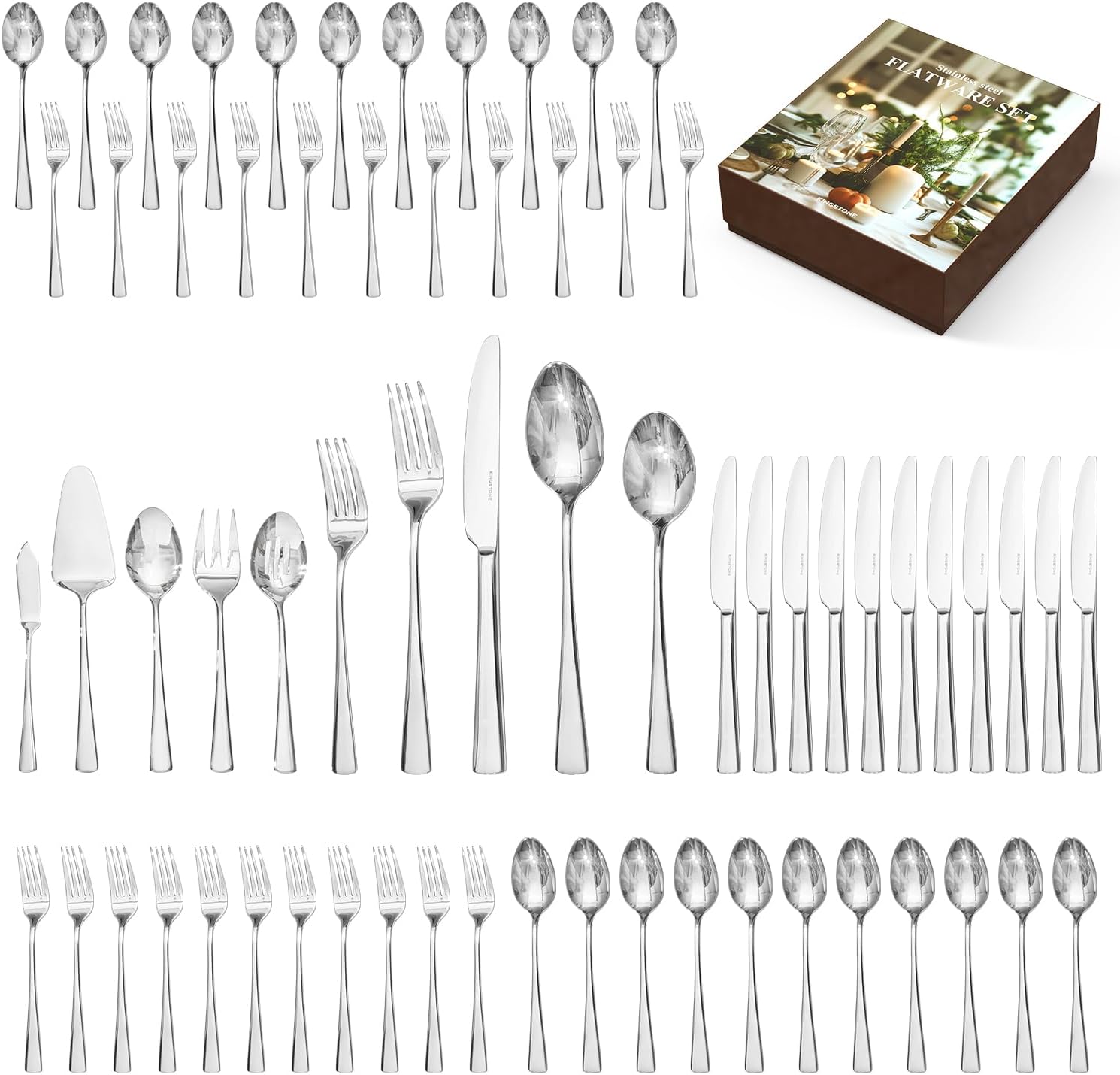 KINGSTONE Silverware Set for 12, 65-Piece Forged 18/10 Stainless Steel Flatware Set, Mirror Finish Cutlery Set Dishwasher Safe for Home, Restaurant, Wedding, Party Silver 65-Piece