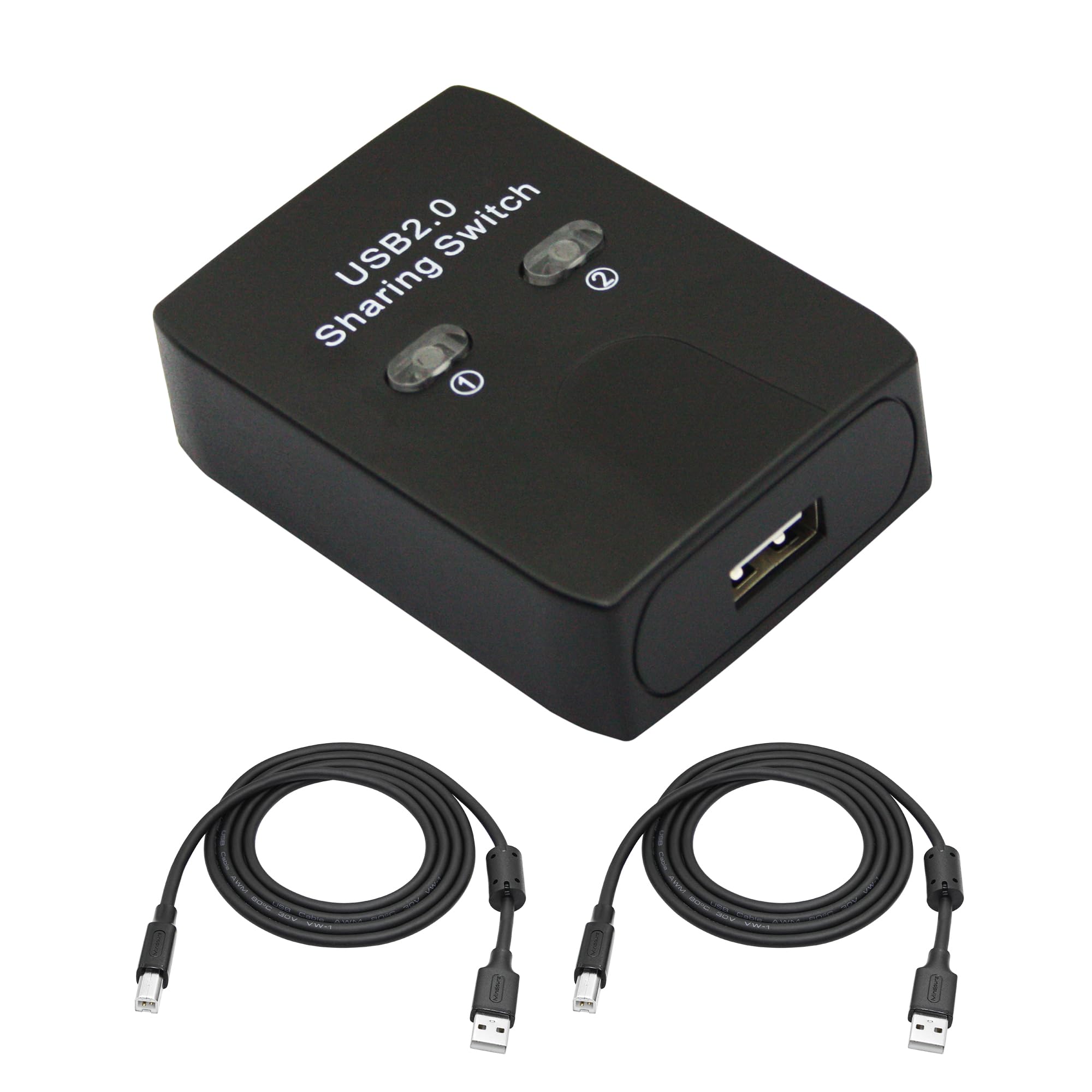 USB 2.0 Printer Sharer Switcher, USB Type B Adapter 2 in 1 Out 2 Devices Shared 1 Printer Scanner with Manual Switcher and LED Light (Including 2Pcs 4.9FT USB Printer Cables)