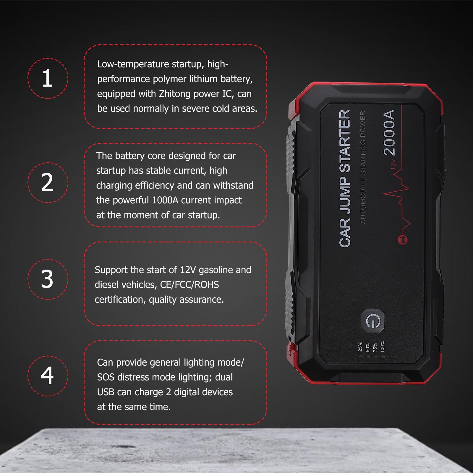 Starthilfegerät 22000mah 1 Satz für Auto, Batterieladegerät | Abs, Elektronik, Gummi, 12v Schutz gegen Kurzschluss und Überladung, /fcc/rohs
