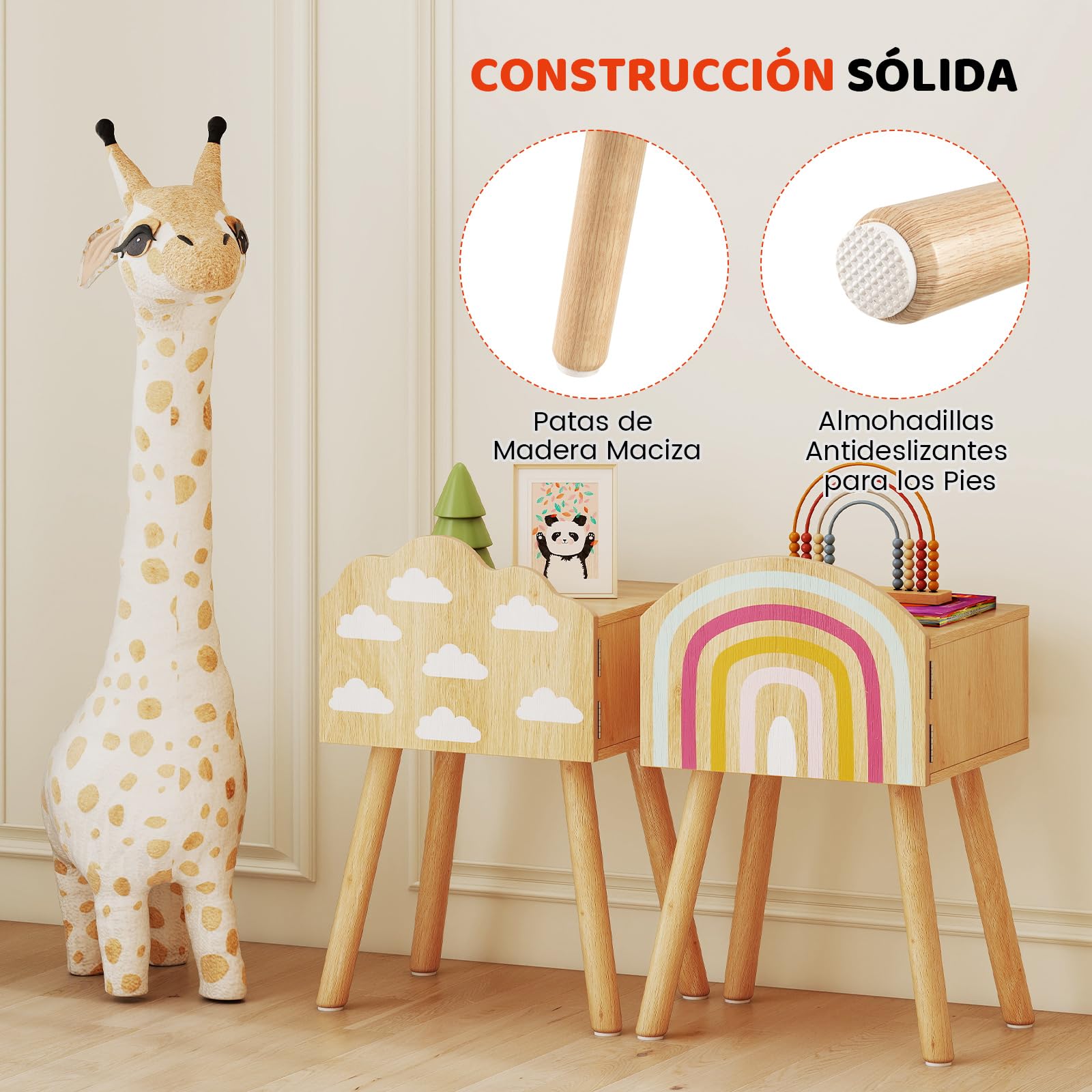 COSTWAY Juego de 2 Mesitas de Noche para Niños, Mesas Auxiliares con Patrones de Arco Iris y Nubes, Patas de Madera Maciza y Dispositivos Antivuelco, Mesillas de Noche Infantiles para Dormitorio