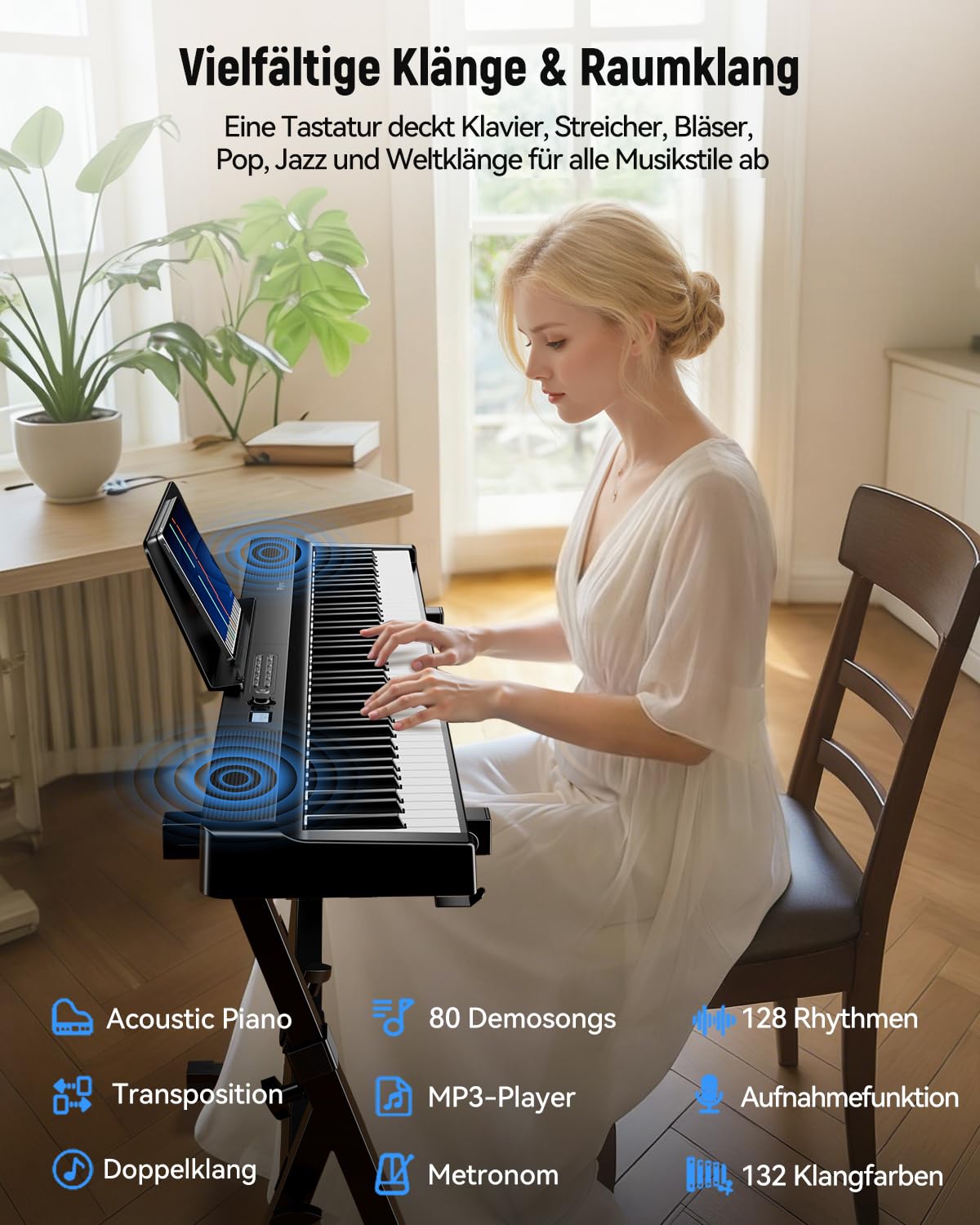 Faltbares Digitalpiano 88 Tasten Halbgewichtet, Bluetooth MIDI E-Piano, Dynamischer Anschlag, 128 Polyphonie, 30W Stereo-Lautsprecher, Split/Dual/Metronom, inkl. Sustain-Pedal, Anfänger & Profis