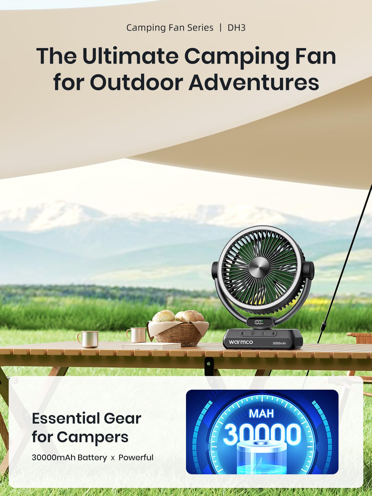 Warmco Tragbarer Campingventilator, 30.000 mAh, 17,8 cm, wiederaufladbar, batteriebetrieben, mit Licht und Haken, 5 Geschwindigkeiten und LED-Display, ideal für drinnen, draußen, Zelt, Reisen, Grillen