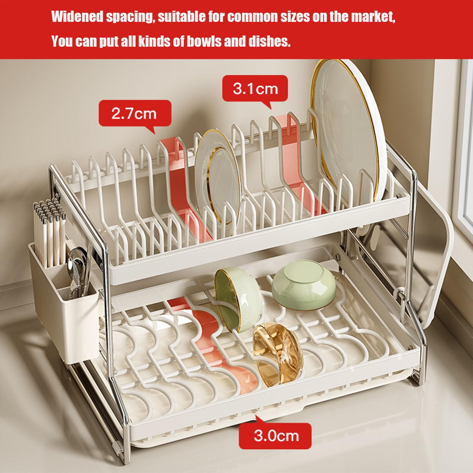 Escurridor de platos de acero inoxidable de 2 niveles con bandeja de goteo, soporte extraíble para cubiertos y cesta, organizador de almacenamiento de cocina multifuncional