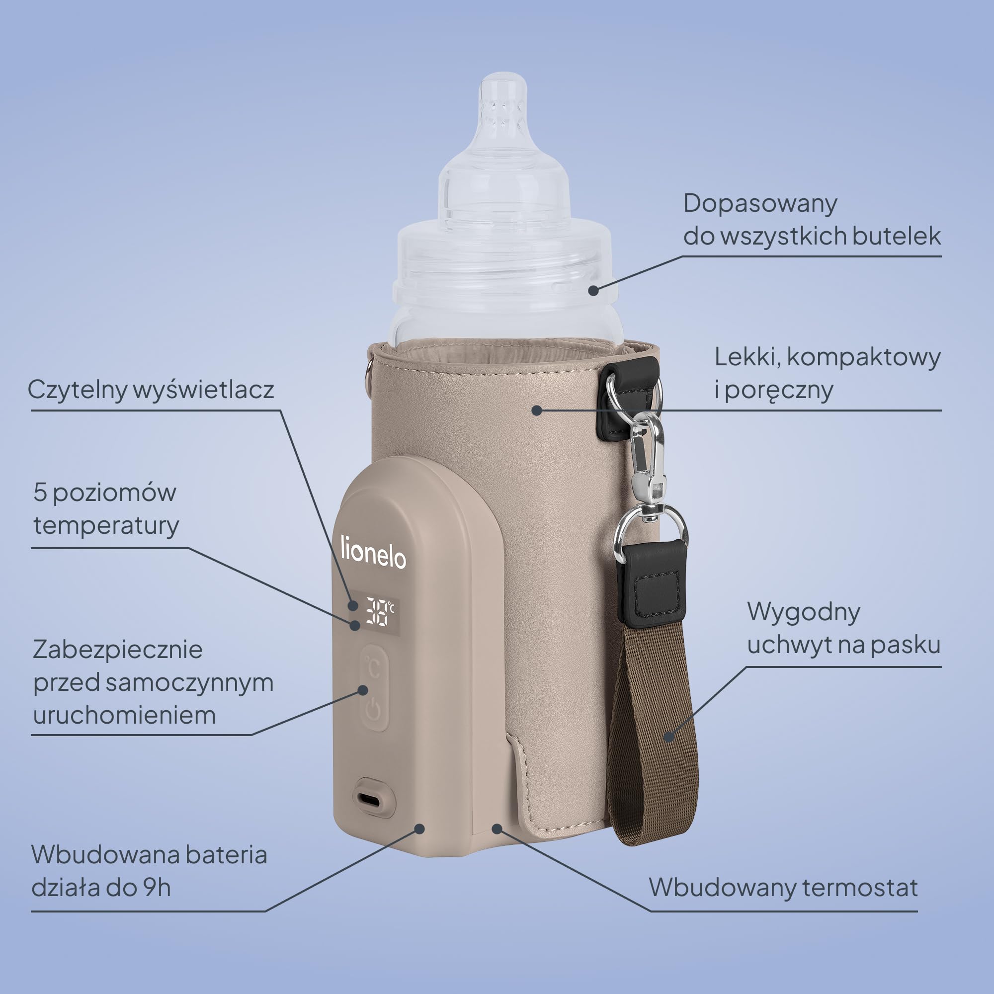 LIONELO Thermup Go EVO przenośny podgrzewacz do butelek, utrzymuje ciepło płynów, 5 temperatur roboczych od 38 do 50°C, ładowanie przez USB-C, do 9 godzin pracy, wyświetlacz LCD
