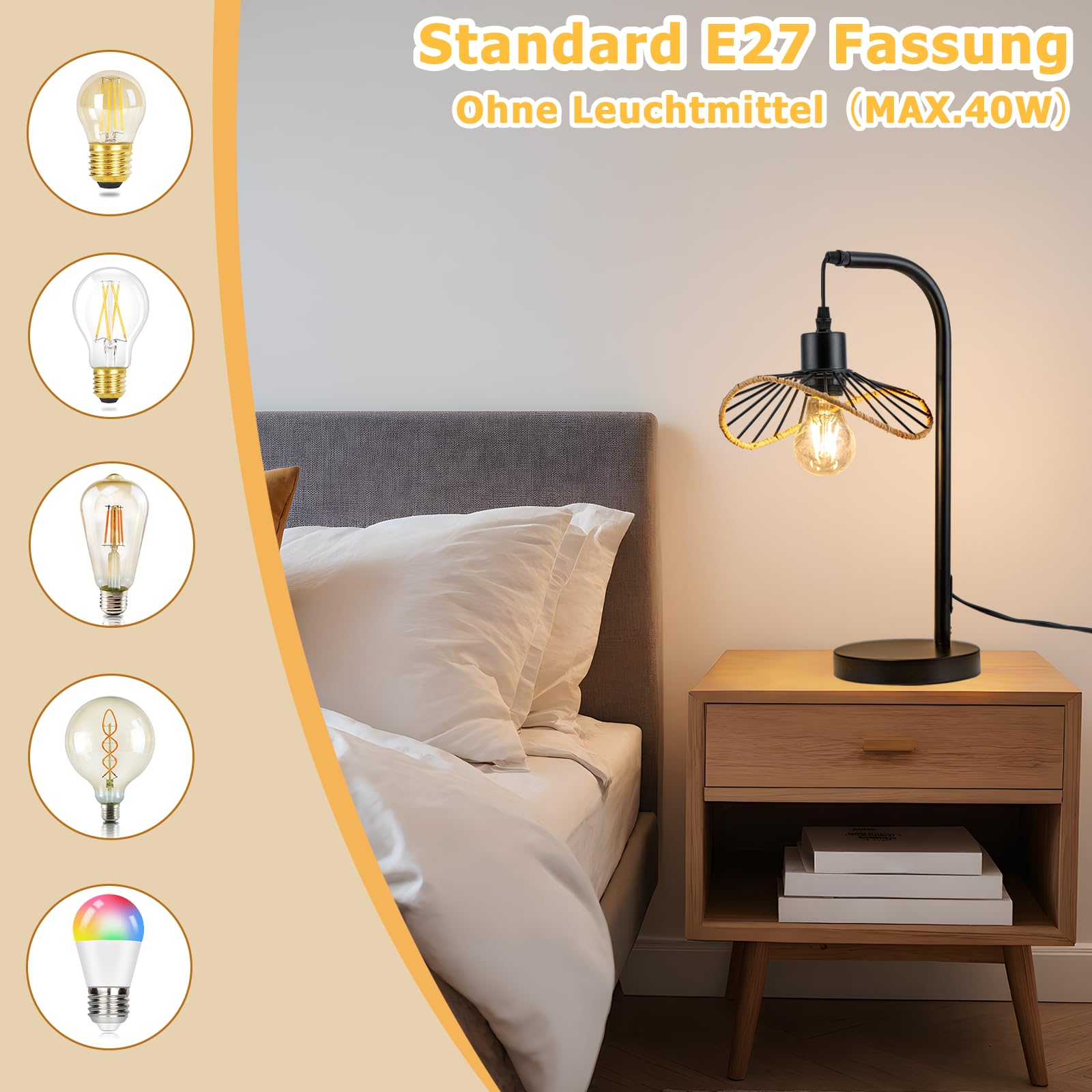 Tischlampe Schwarz Nachttischlampe Vintage 2er | Nachtlampe mit Kabel Tischleuchte E27 Schlafzimmer Schreibtischlampe Retro Leselampe Metall Tisch für Wohnzimmer