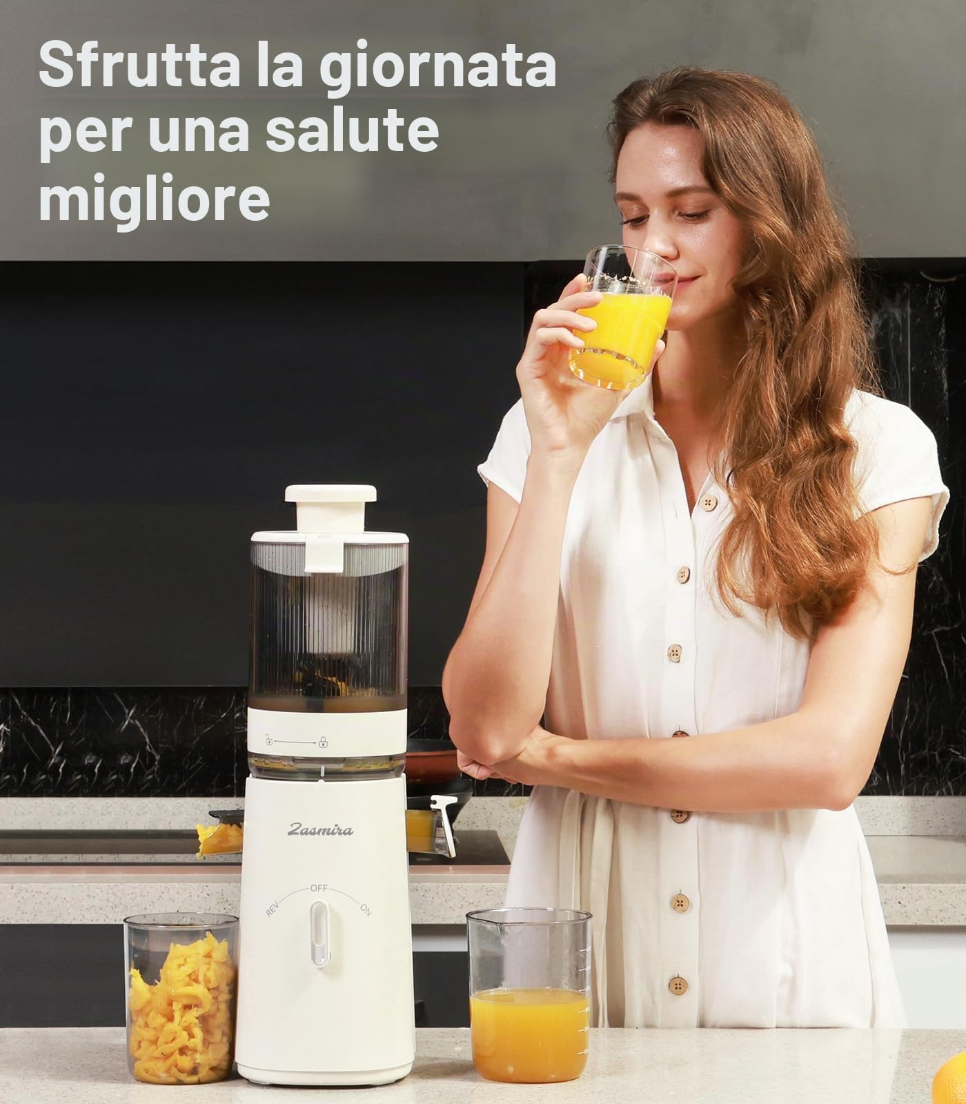 Slow Juicer, Zasmira Spremiagrumi più recente per verdure e frutta con orifizio di carico largo 120 mm, Alte rese di succo per verdure e frutta intere, Facile da pulire