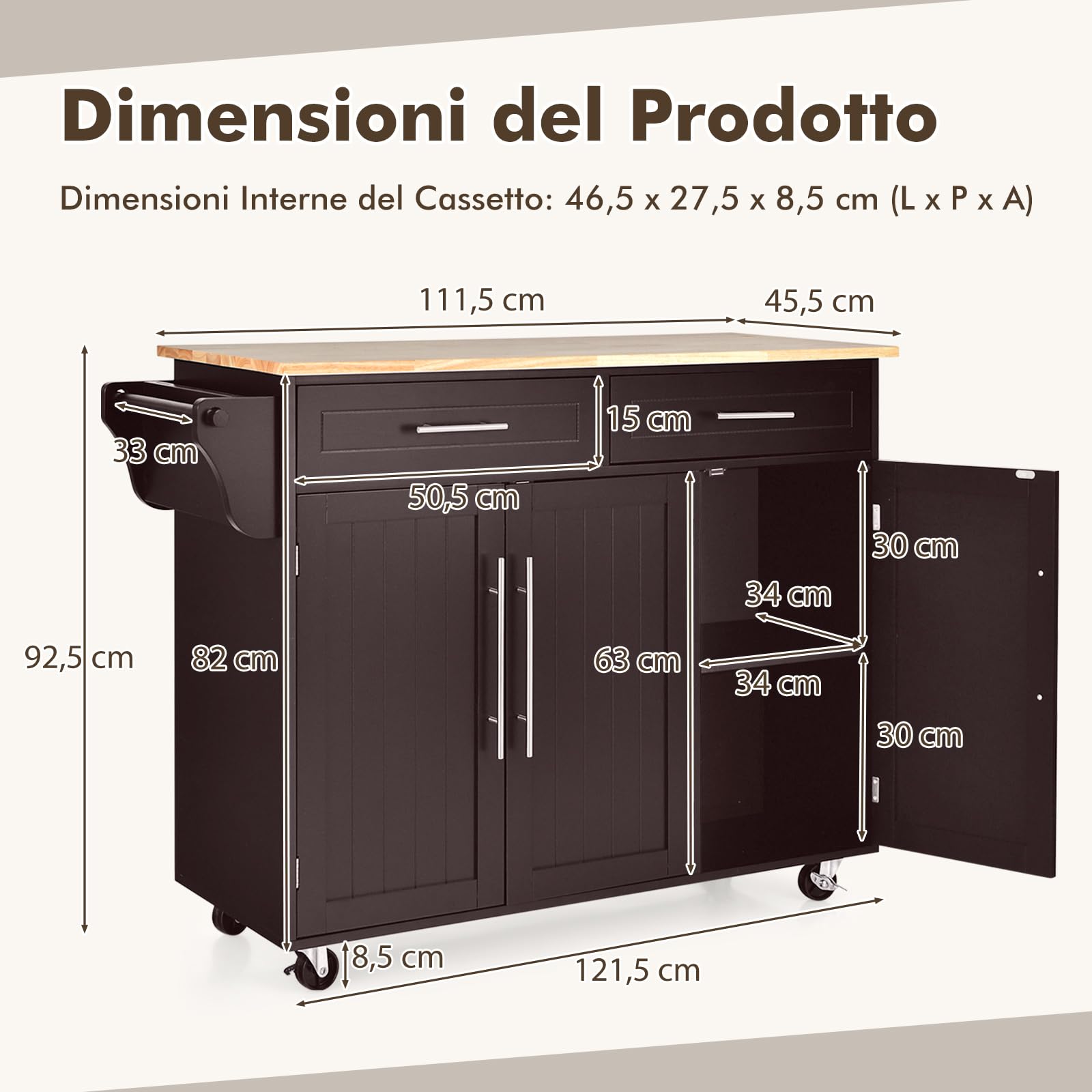 COSTWAY Carrello da Cucina, Carrello di Servizio con Ruote e Maniglia, 3 Ante e 2 Cassetti, Ideale per Cucina Ristorante Bar, 122x46x92,3 cm (Marrone)