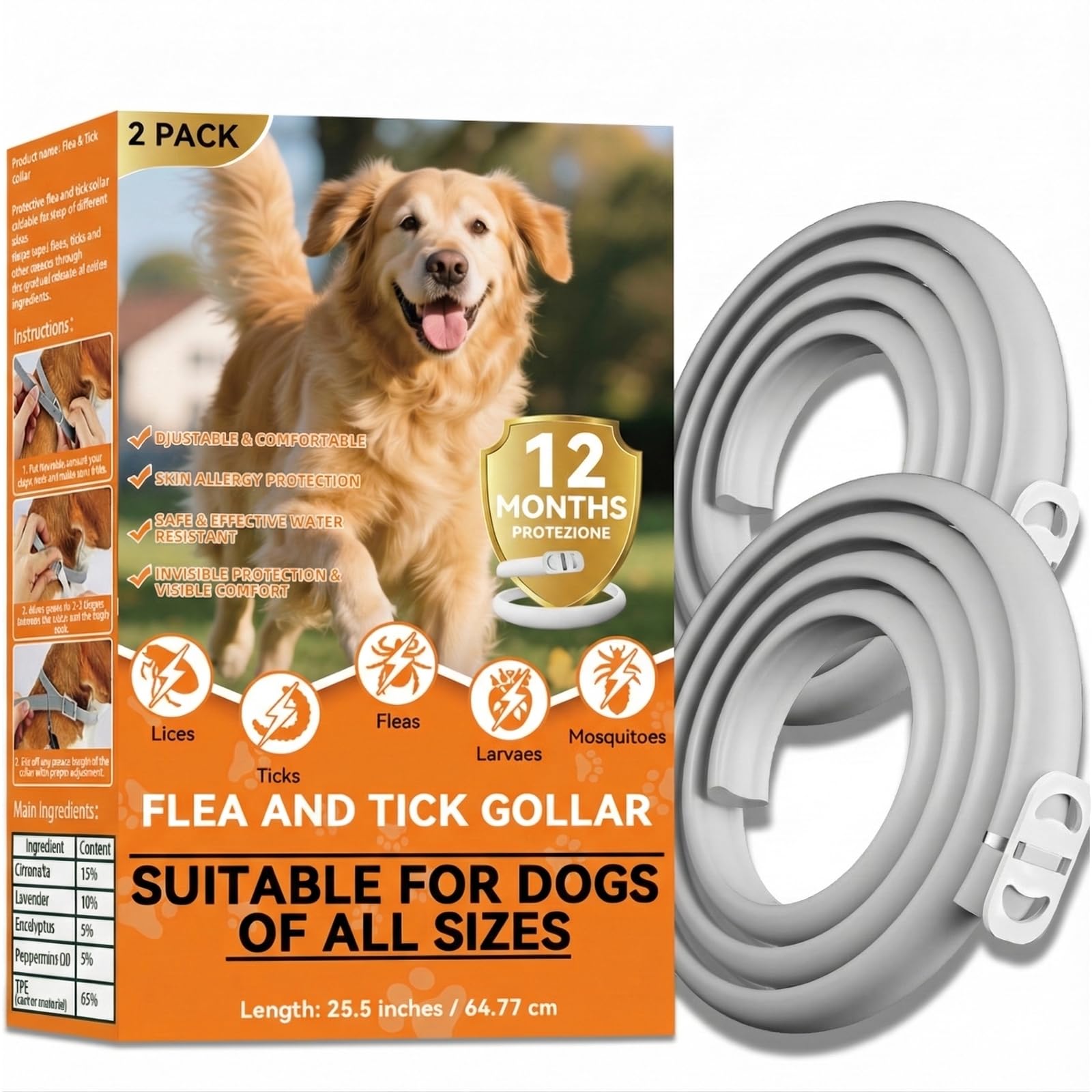 Flohhalsband Hunde (2PCS), 8 Monate Schutz vor Flöhen, Zecken und Mücken, verstellbares und wasserdichtes Flohhalsband für kleine, mittlere und große Hunde, 65 cm