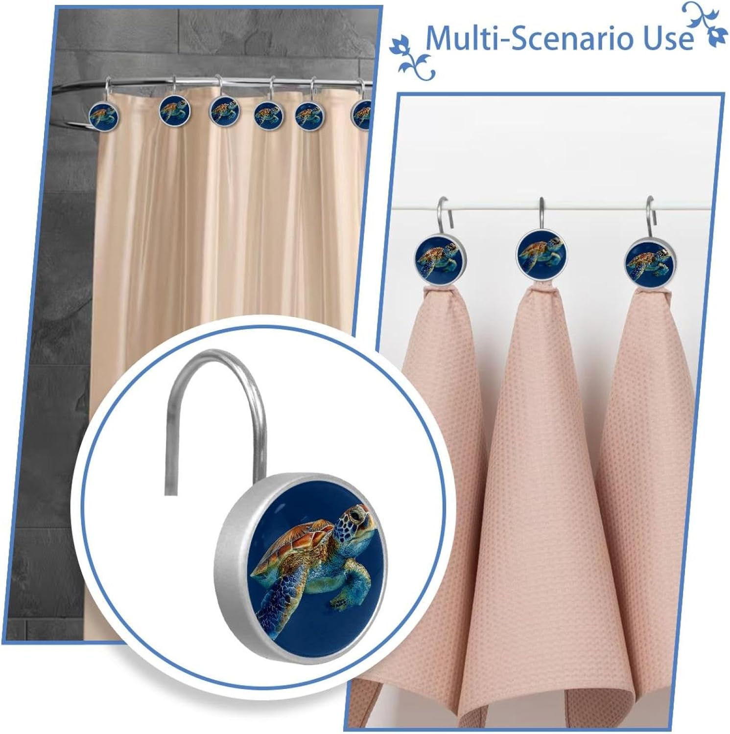 Sea Turtle Blue Background (2) Round Crystal Glass Decorative Shower Curtain Hooks with 3D Pattern Visual, Rust Proof Shower Curtain Rings-12 Pack