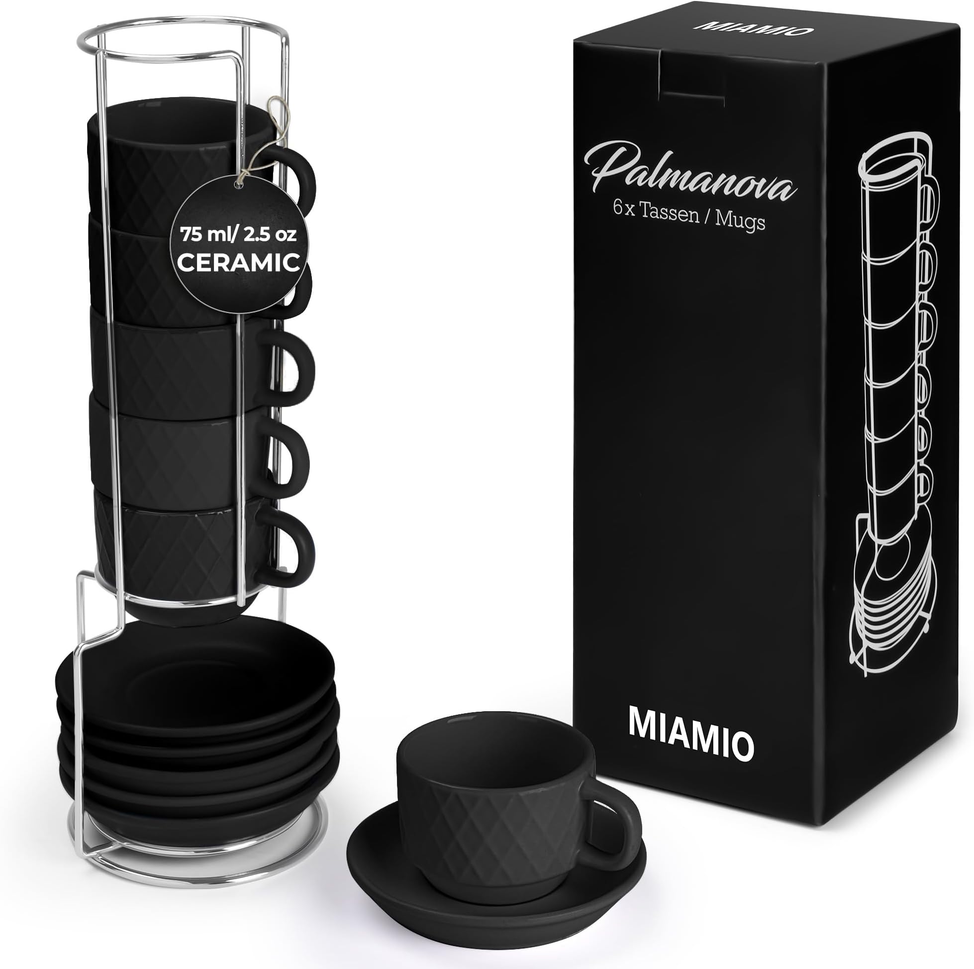 MIAMIO - 6 x 75 ml Stoneware Espresso Mug, Cup Set Modern with Stand and Saucers - Palmanova Collection (Black)