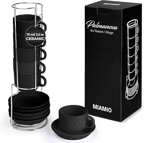 MIAMIO - 6 tazas de café expreso de gres de 2.5 onzas, juego moderno de tazas con soporte y platillos - Colección Palmanova (negro)
