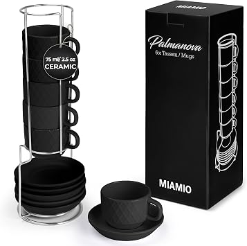 MIAMIO - 6 x 2.5 oz Stoneware Espresso Mug, Cup Set Modern with Stand and Saucers - Palmanova Collection Black