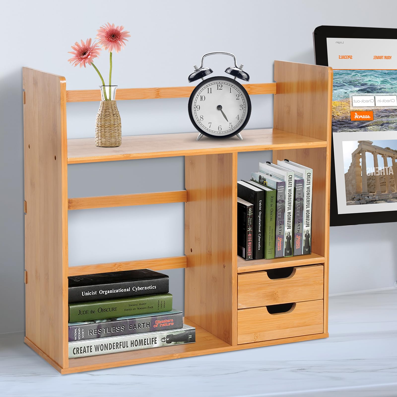 HOMCOM Organiseur de bureau avec tiroirs Bibliothèque multifonctionnel Étagère de Rangement pour Maison École Bureau en Bambou Naturel