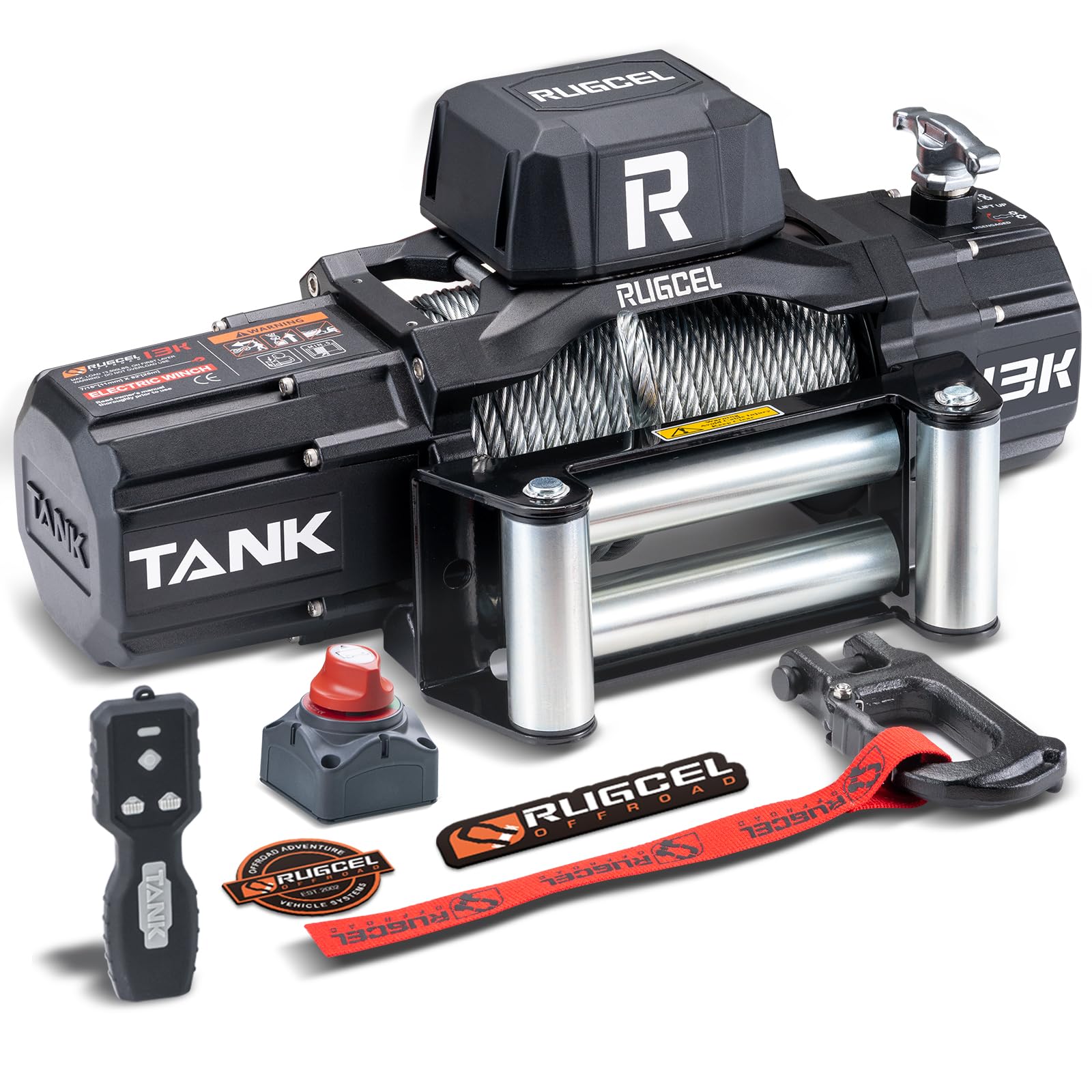 RUGCEL WINCH Elektrische Seilwinde 6123 kg (13500 lbs), 12V DC, IP67 Wasserdicht, Stahlkabel, 2-in-1 Funkfernbedienung & Kabelsteuerung, für Geländewagen,LKW & Boot