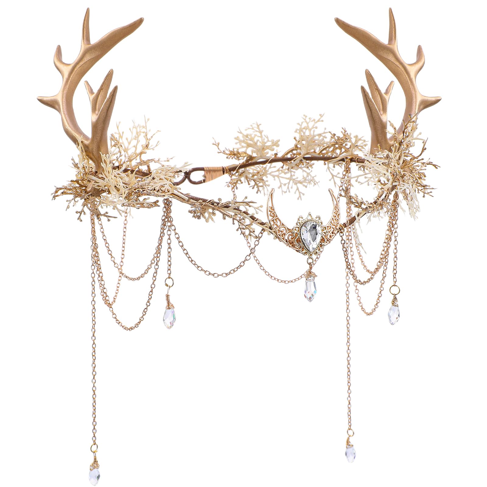 MOSTORY Couronne de fleurs pour costume de chevreuil, couronne de fleurs dorées avec pompon et lune pour cosplay, costume de carnaval