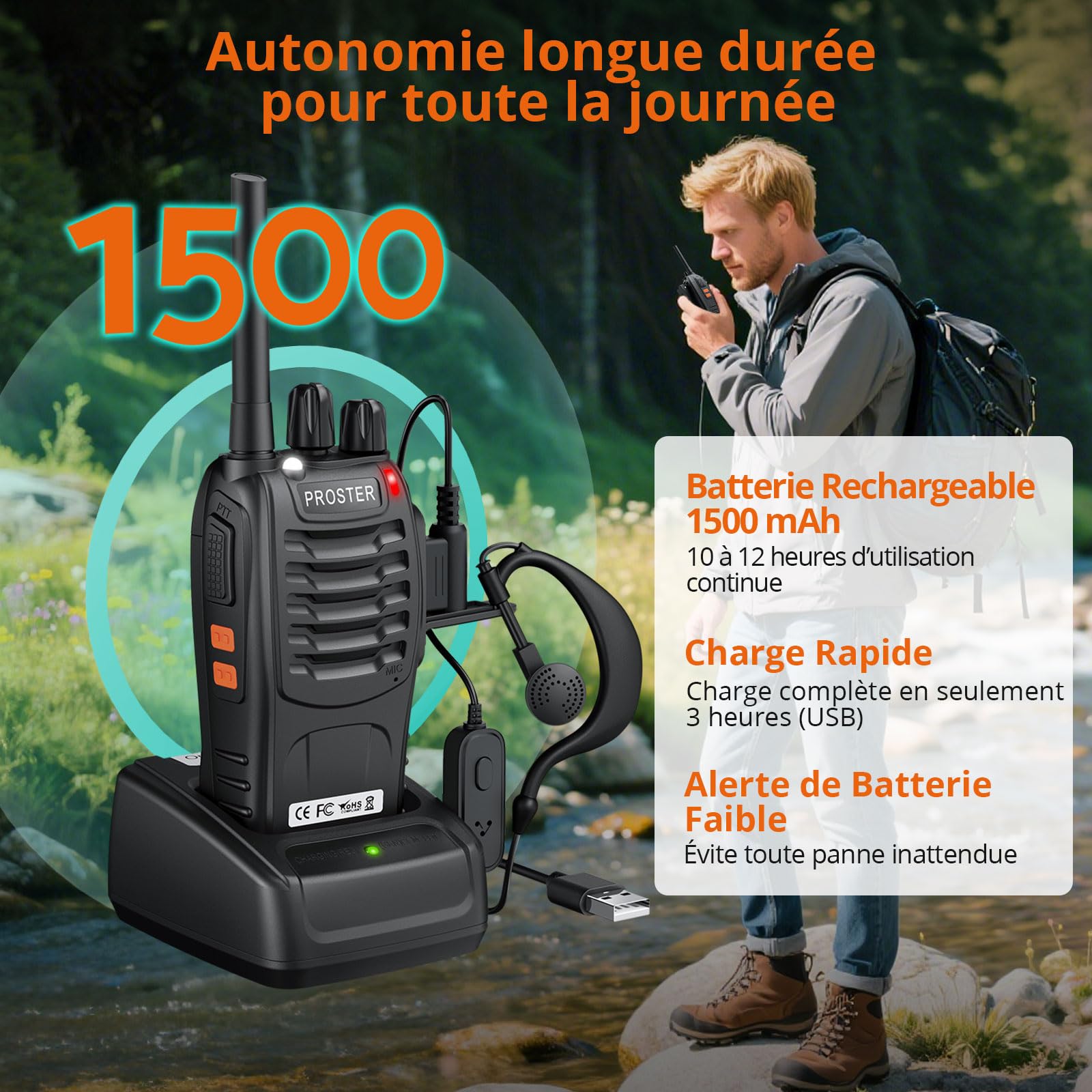 Proster Talkie Walkie Longue Portée Rechargeable avec Écouteurs （5PCS） | PMR446 Sans Licence, 16 Canaux, 1500mAh 10H Grande Autonomie, Portée Stable 1,5km, VOX Mains Libres et Lampe Torche