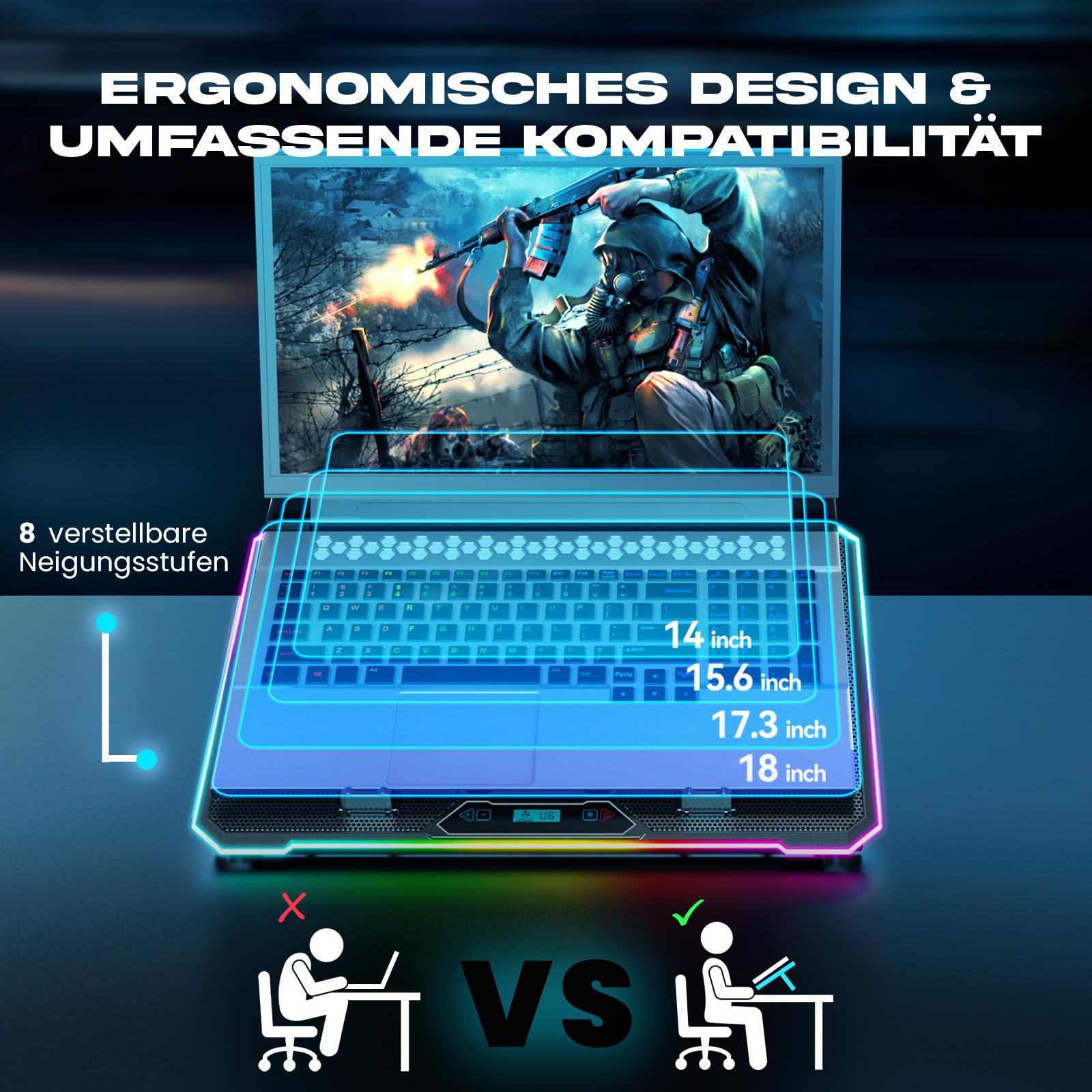 KLIM V15 Gaming Laptop Cooling Pad mit 15 Lüftern + Gaming Laptop Kühler + Stabiler RGB Ständer mit Lüfter + Kompatibel bis zu 17" + 2 USB Ports + Handyhalterung + 5 Jahre Schutz