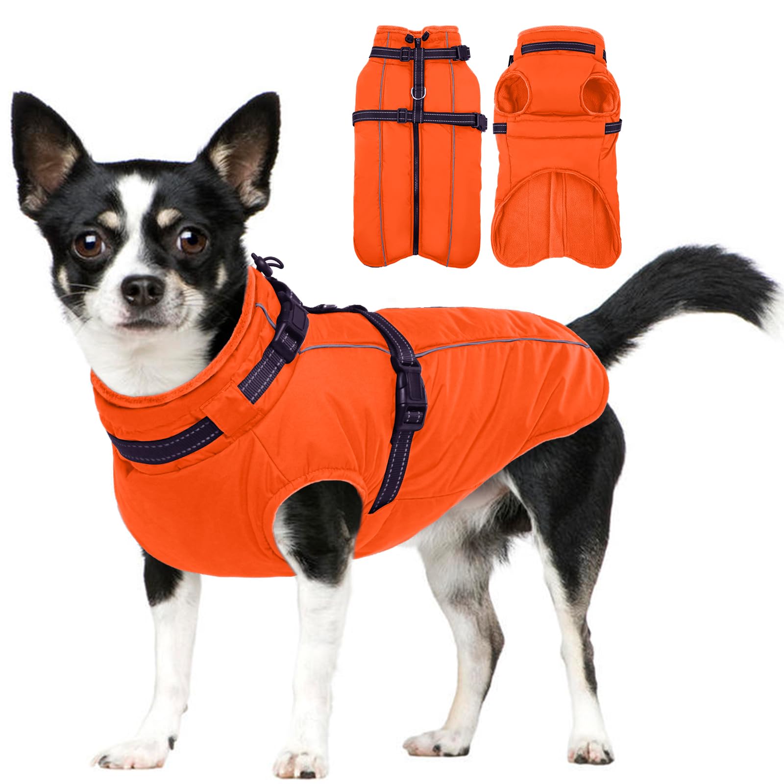 Lelepet Small Dog Coat With Harness - Warm Waterproof Fleece Jacket, Winter Reflective Vest Snow Suit for Yorkshire Papillon - Orange S