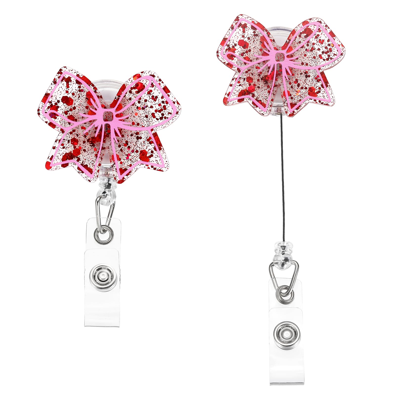 PATIKIL Bow Badge Reel, 2 Pcs Acrylic Bow Badge Holder 1.93"x1.54" ID Name Holder Reels Accessories with Retractable Cord & Alligator Clip for Office Worker Teacher, Red