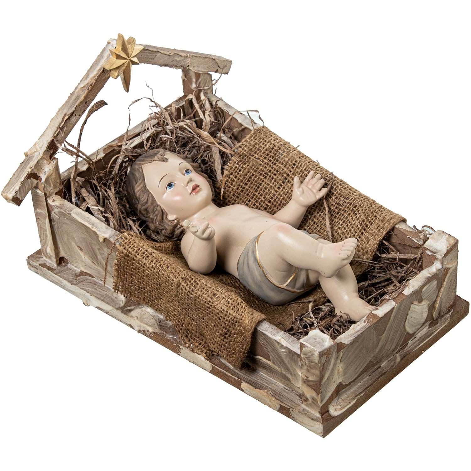DRW Figurine d'un Enfant Jésus dans Une crèche en résine Beige et Marron 20 x 31 x 25 cm