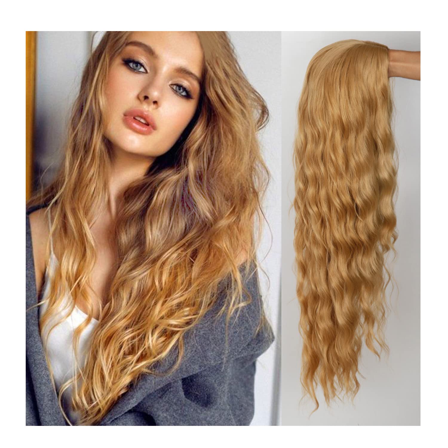 Lukione Long Golden Wavy Wig,Long Hair Wigs, Curly Wavy Wig Natural Looking Synthetic Heat Resistant Fiber Wig for Daily Party Use (Golden)