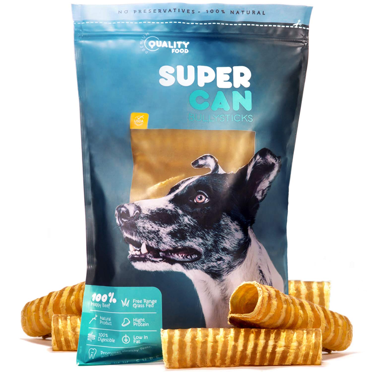 SuperCan Bully Sticks 2-inch Beef Trachea Bites for Dogs 8oz Jar (10-15 Count) 100% Natural Farm Raised Beef Treats for Small Dogs and Puppies. Premium Quality Dental Chews Dogs